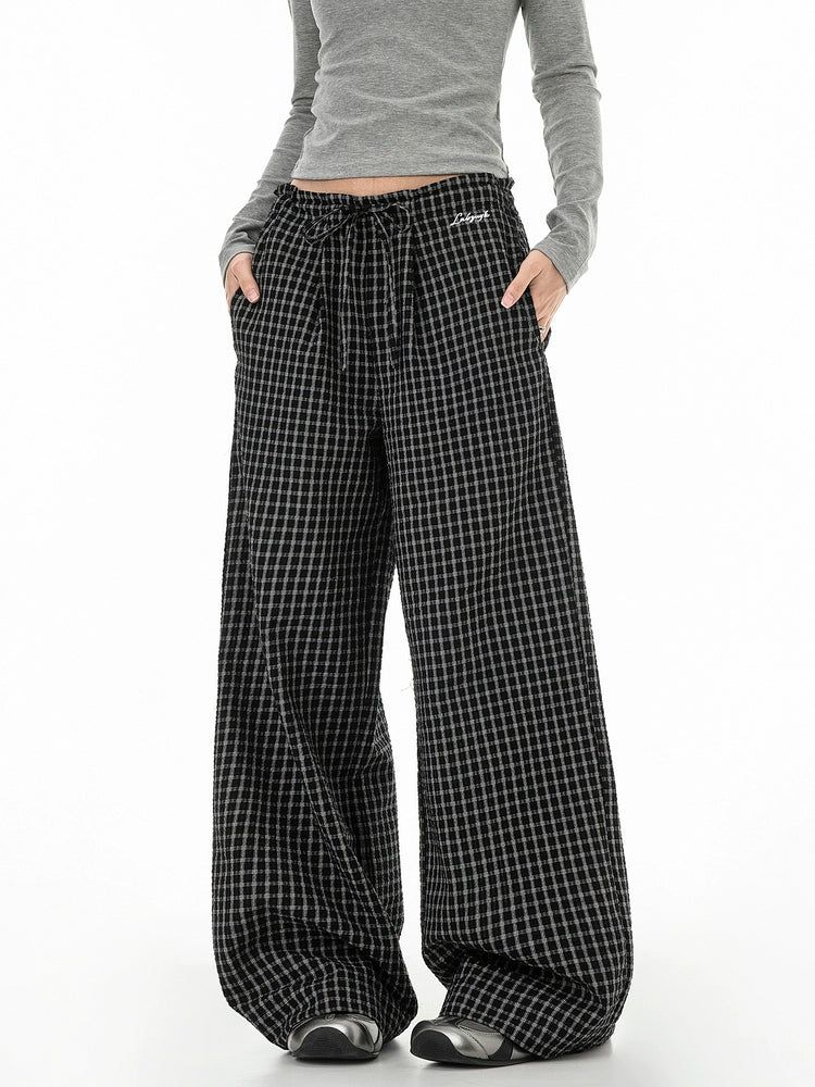 ICH MODE 美式复古宽松休闲裤女运动格子裤百搭直筒阔腿裤长裤子
