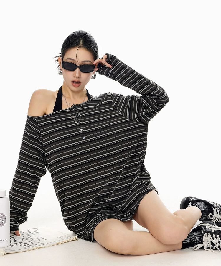 ICH MODE 美式复古斜肩T恤女2025新款秋冬露肩长袖宽松一字肩上衣