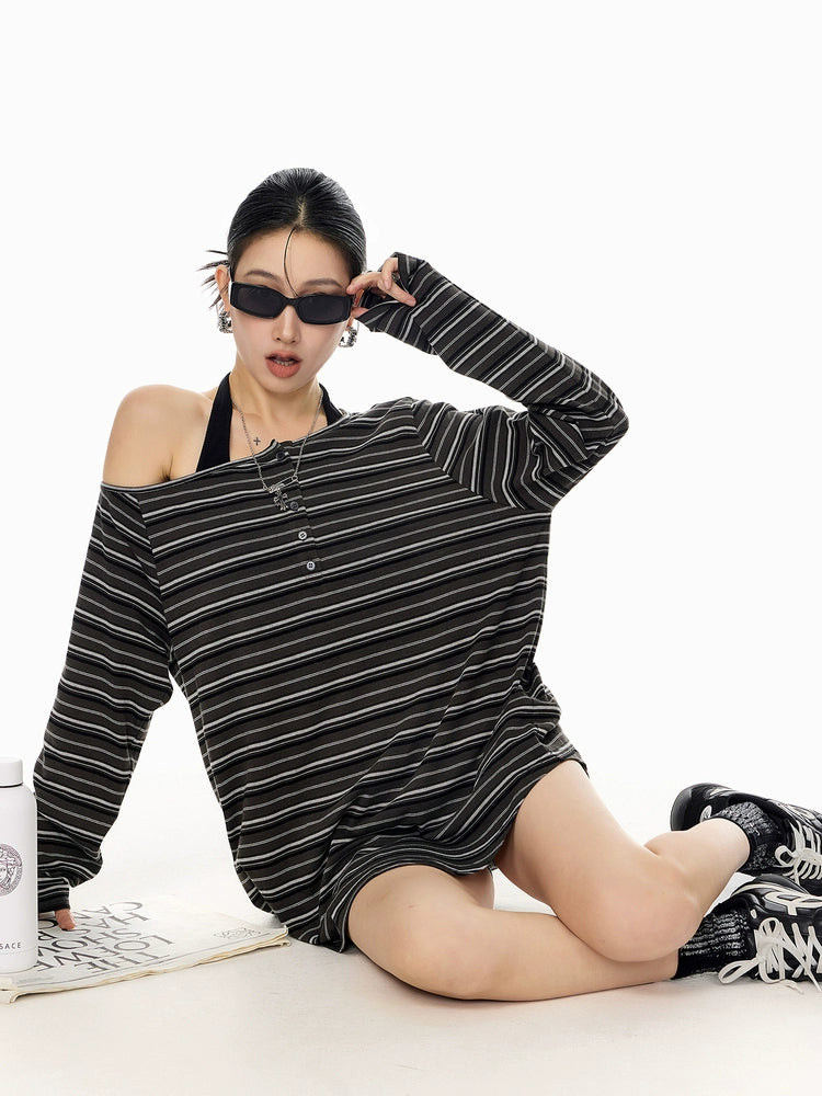 ICH MODE 美式复古斜肩T恤女2025新款秋冬露肩长袖宽松一字肩上衣