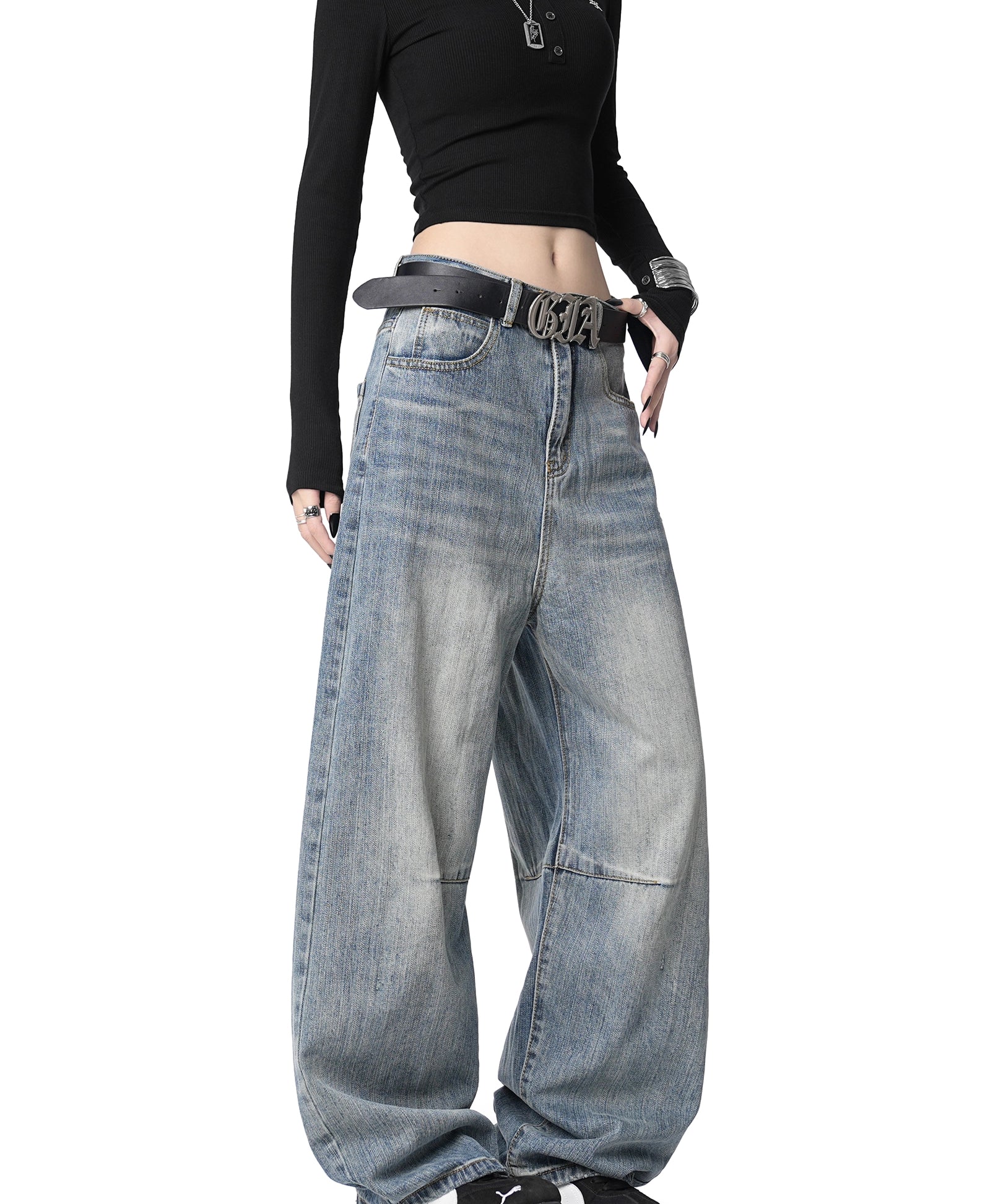 ICH MODE 美式复古水洗牛仔裤女休闲宽松直筒裤弯刀阔腿裤运动裤