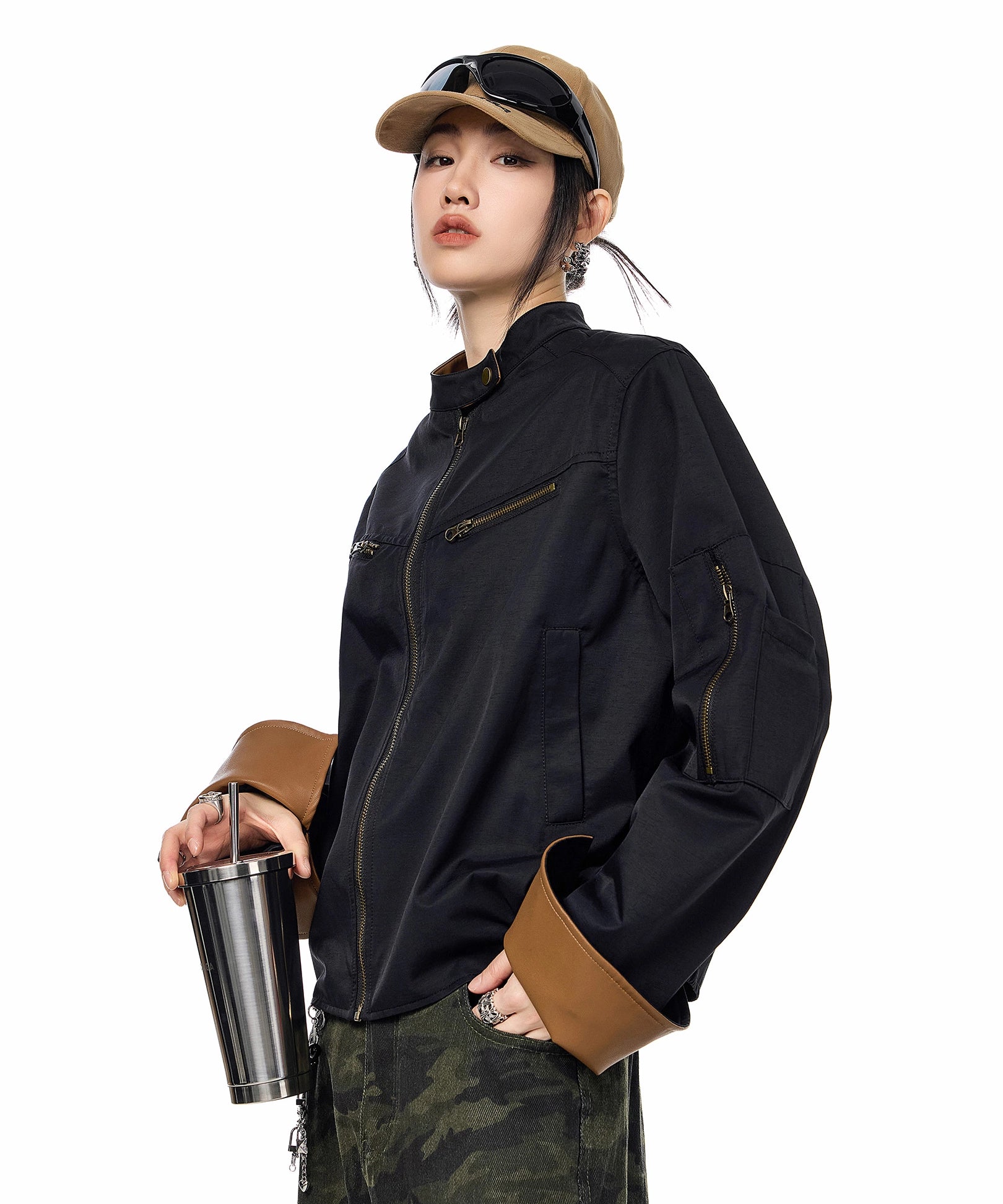 ICH MODE 美式复古工装短外套女2025新款秋冬巴恩风夹克立领上衣