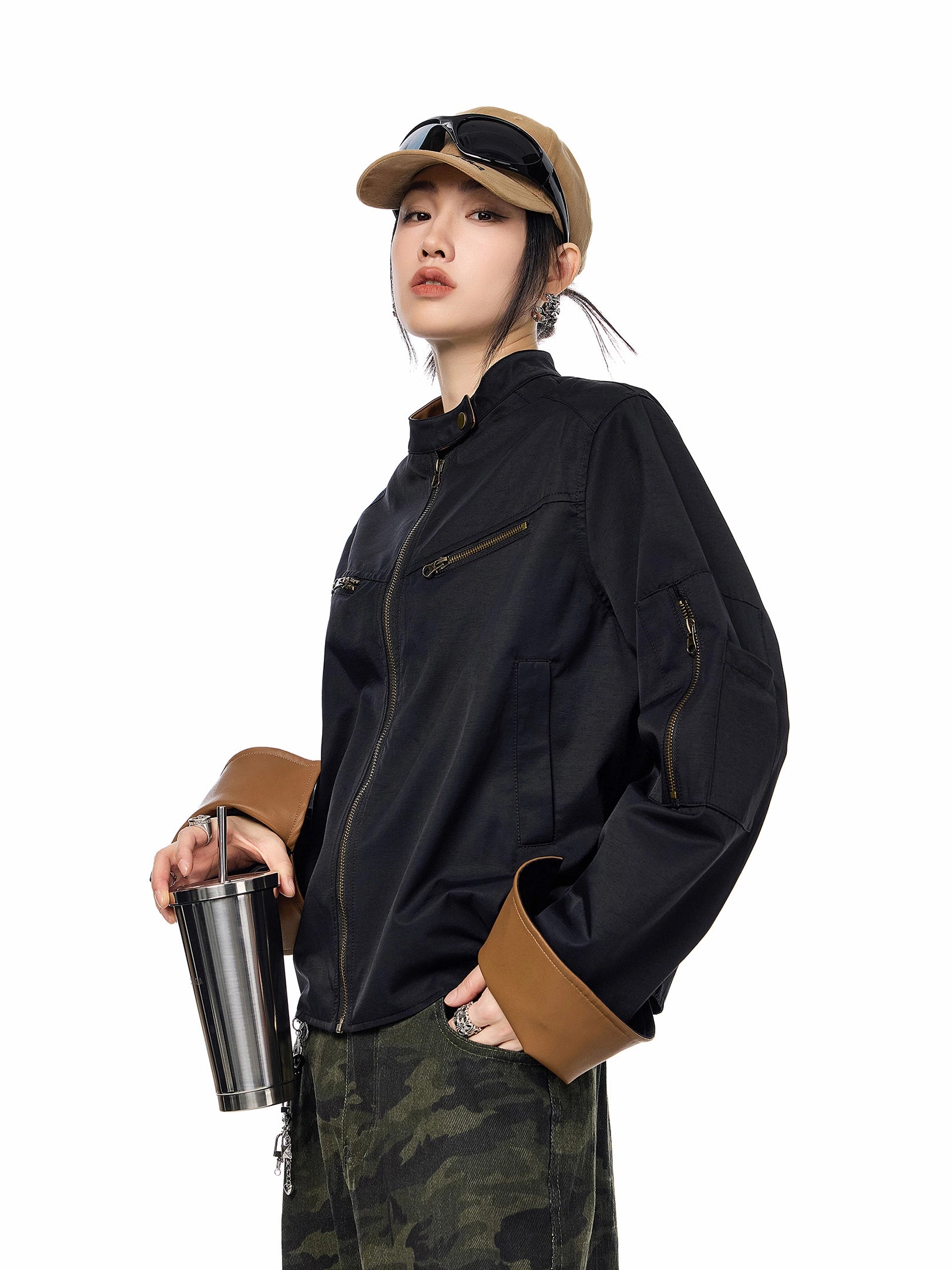 ICH MODE 美式复古工装短外套女2025新款秋冬巴恩风夹克立领上衣