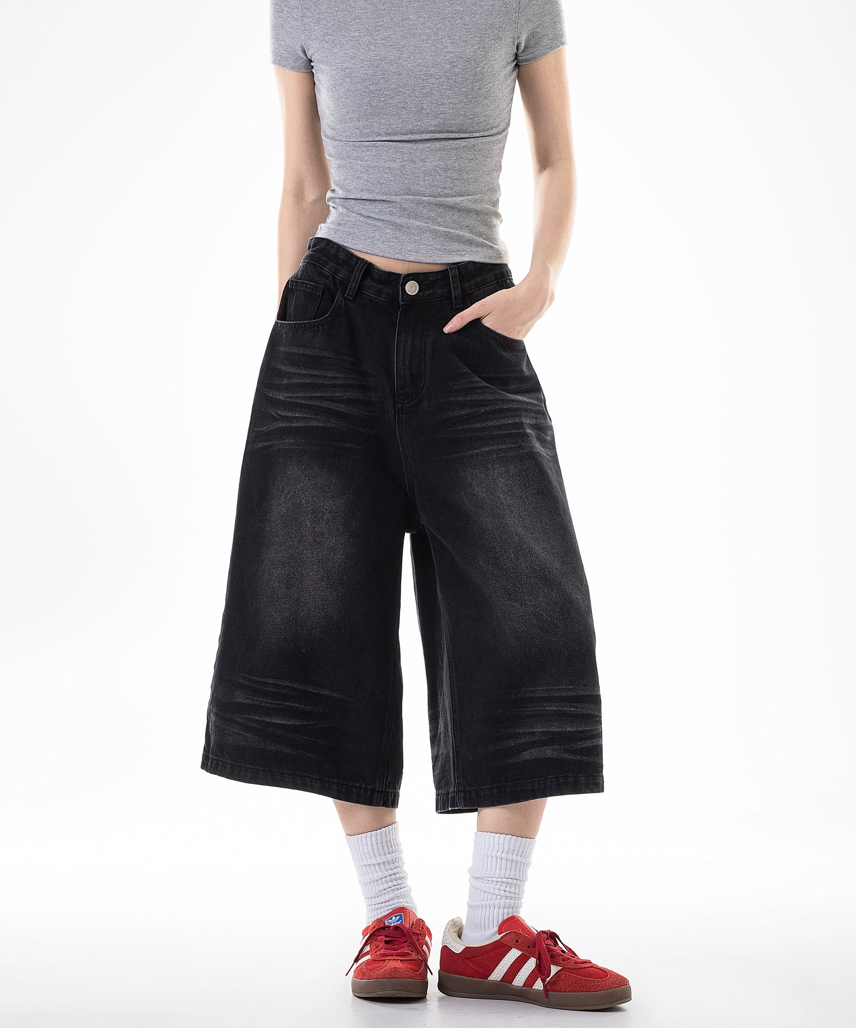 ICH MODE 美式七分裤牛仔裤女夏季宽松直筒工装休闲阔腿裤中短裤