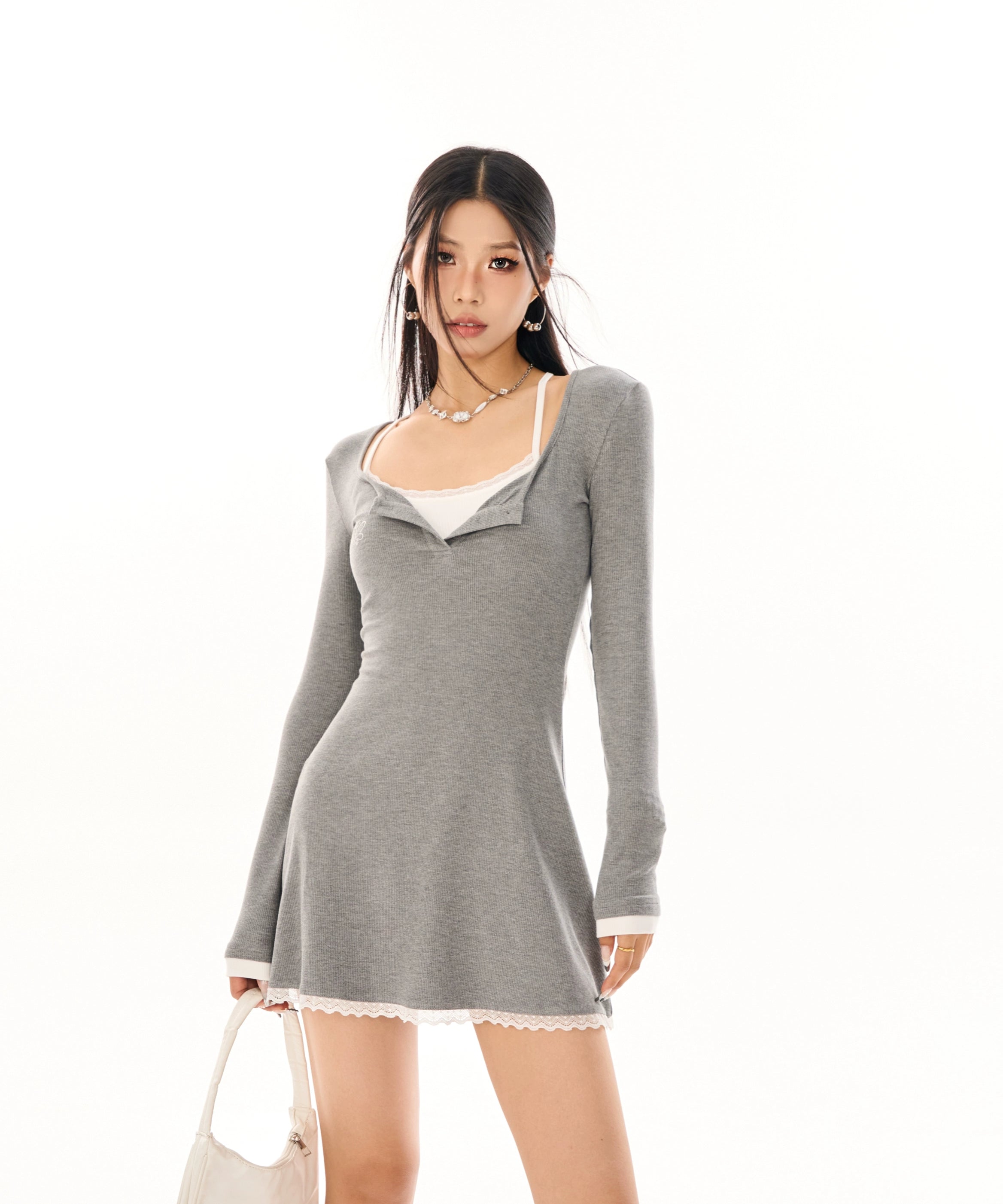 野生zerocircle裙子两件套女秋辣妹显瘦修身收腰灰色长袖连衣裙子