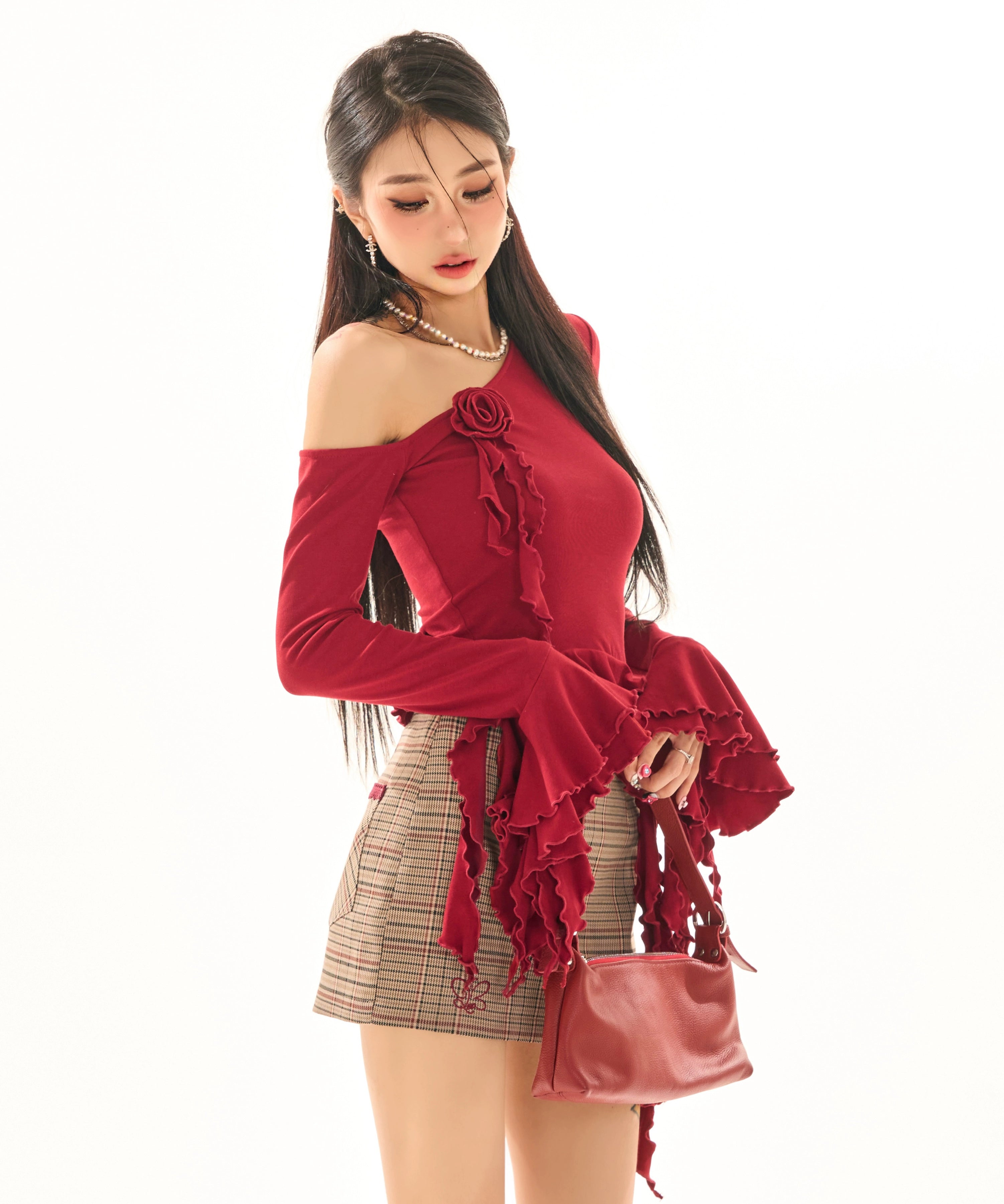 野生zerocircle 黑酒红色斜肩花朵长袖上衣女春夏辣妹修身显瘦t恤