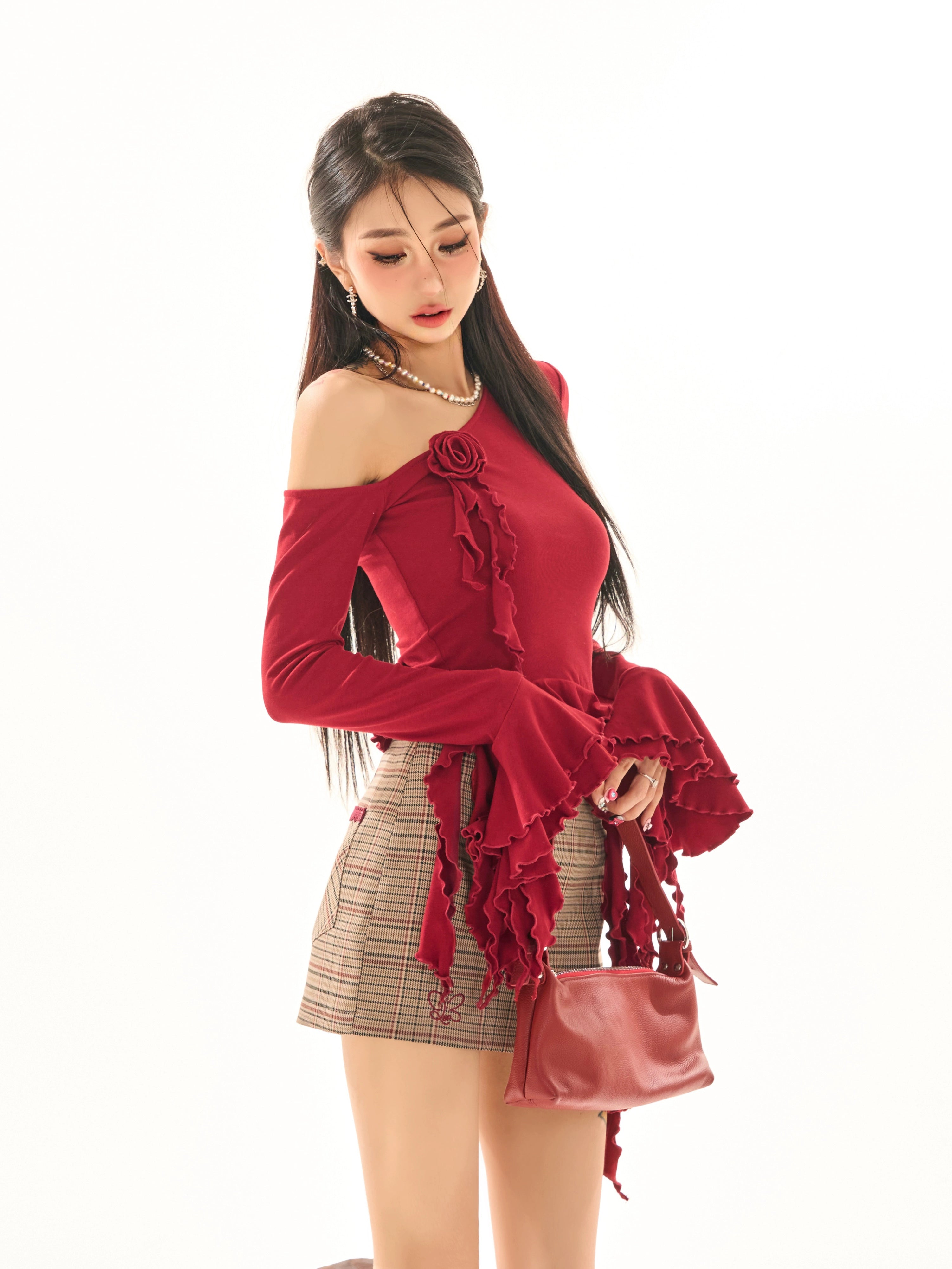 野生zerocircle 黑酒红色斜肩花朵长袖上衣女春夏辣妹修身显瘦t恤