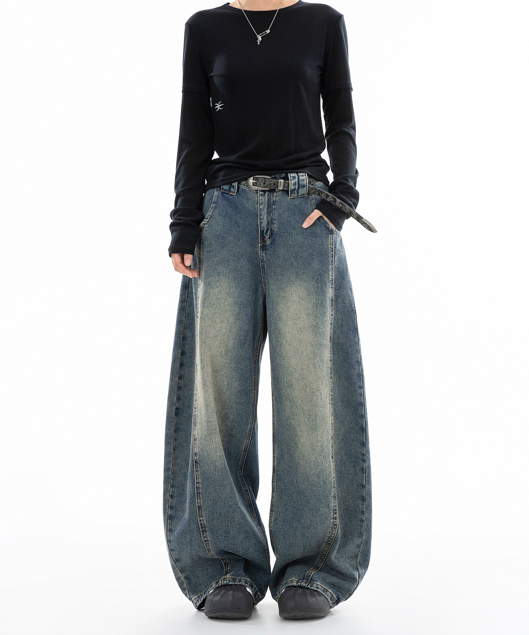 ICH MODE 美式复古直筒宽松牛仔裤女新款流行弯刀裤休闲阔腿裤子