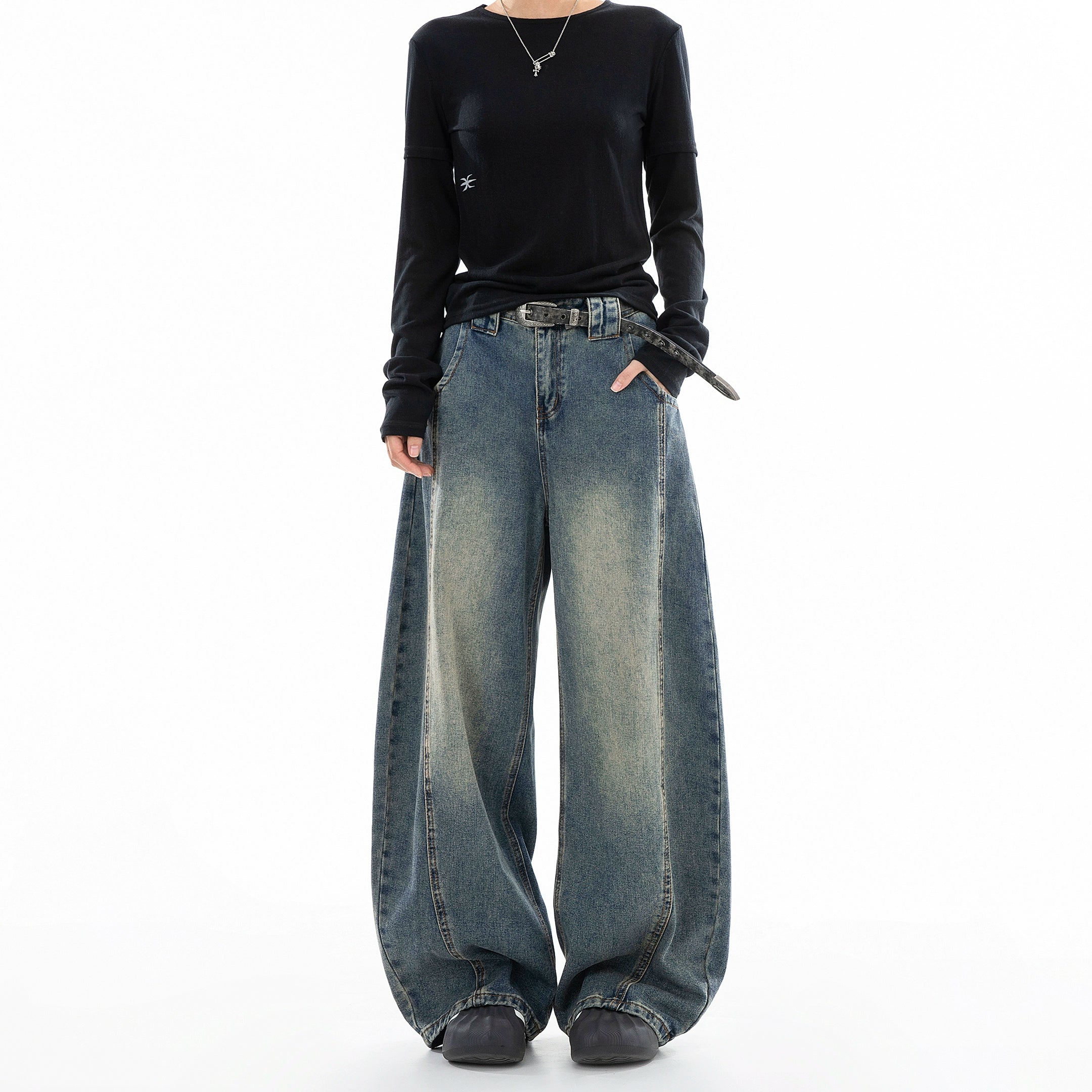 ICH MODE 美式复古直筒宽松牛仔裤女新款流行弯刀裤休闲阔腿裤子