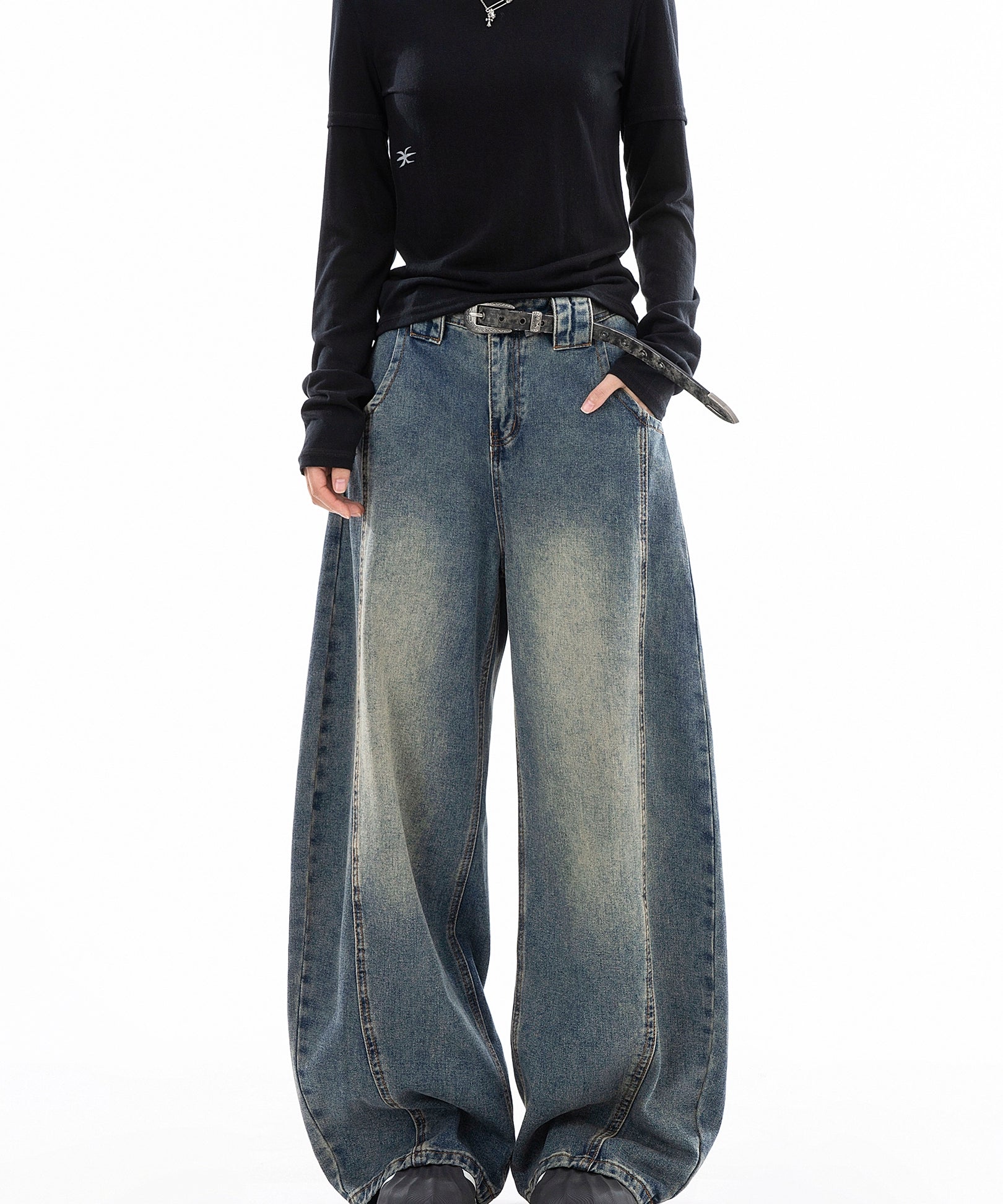 ICH MODE 美式复古直筒宽松牛仔裤女新款流行弯刀裤休闲阔腿裤子