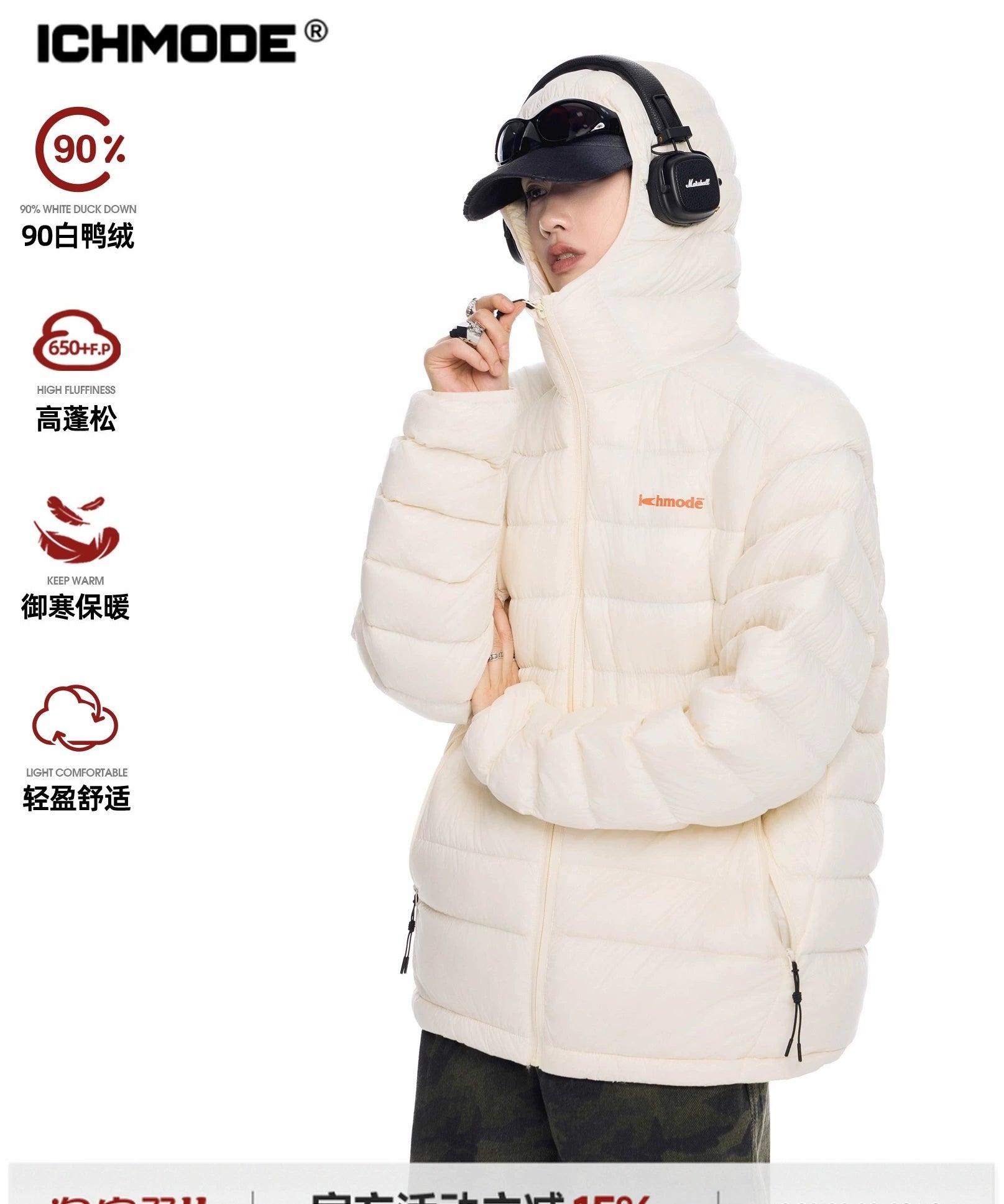 ICH MODE 90白鸭绒美式复古轻薄排骨羽绒服女冬季保暖连帽短外套