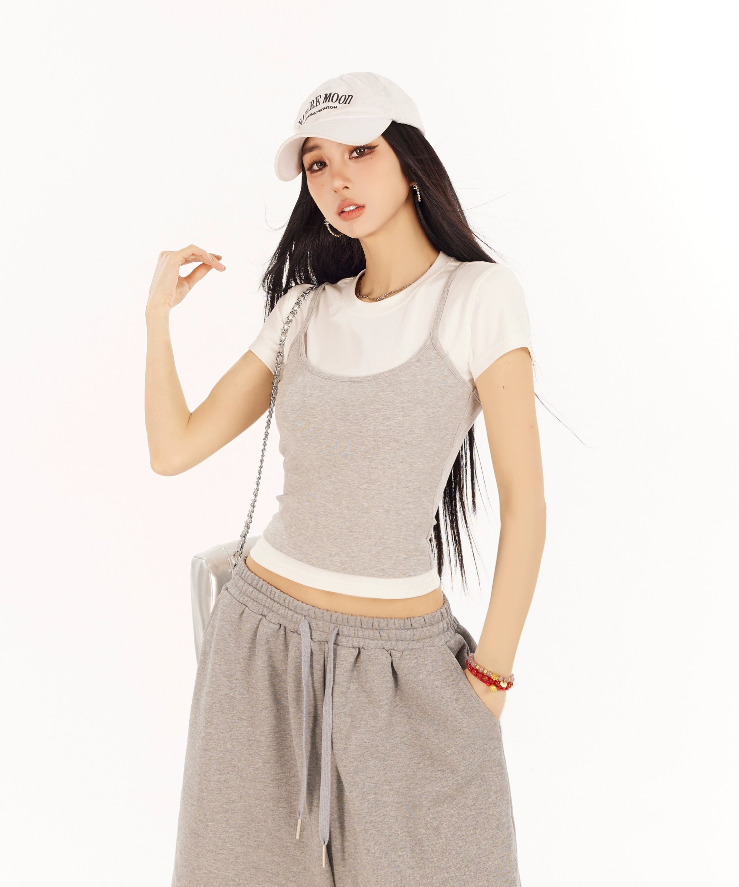 野生zero 撞色正肩短袖t恤女夏辣妹设计感显瘦修身短款假两件上衣