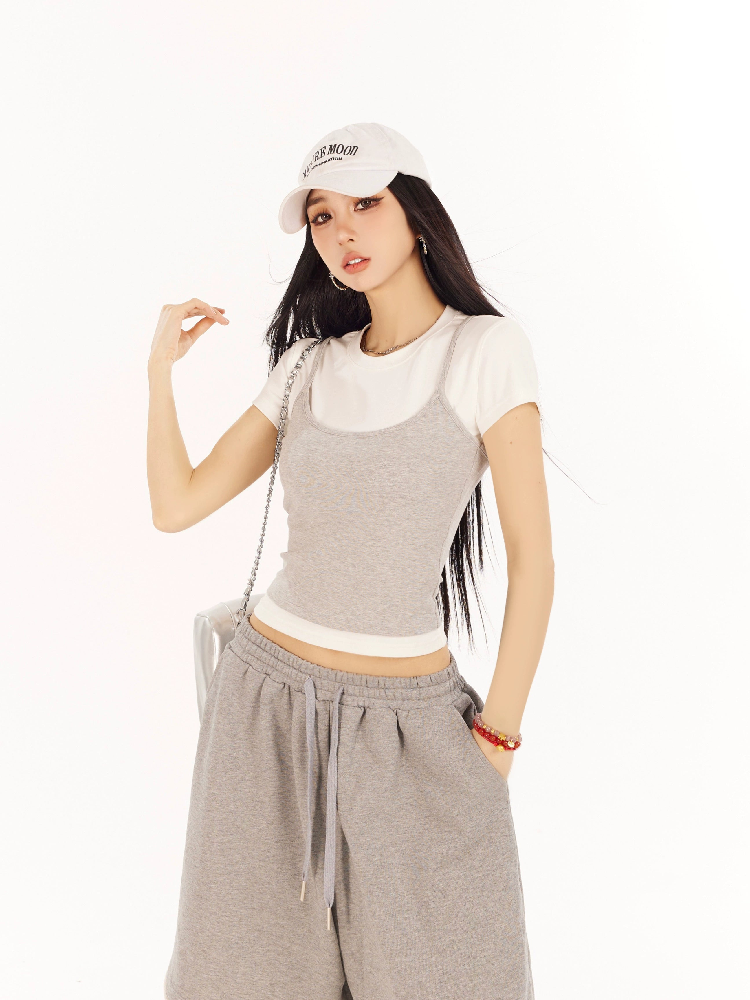 野生zero 撞色正肩短袖t恤女夏辣妹设计感显瘦修身短款假两件上衣