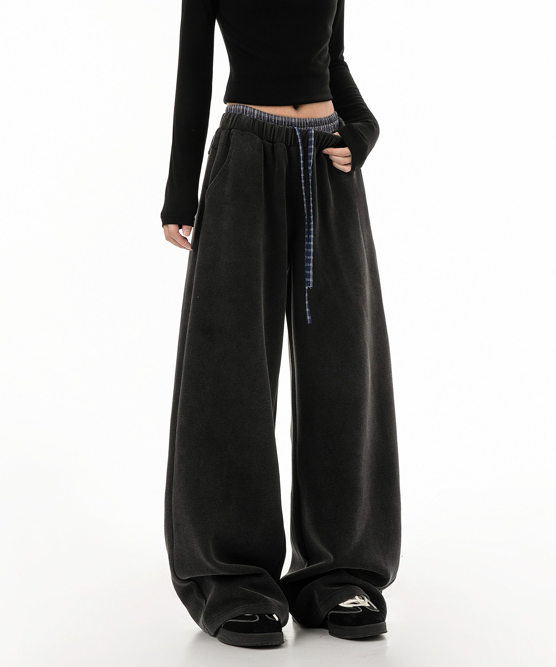 ICH MODE 美式复古格子拼接休闲裤女宽松直筒运动裤百搭阔腿卫裤