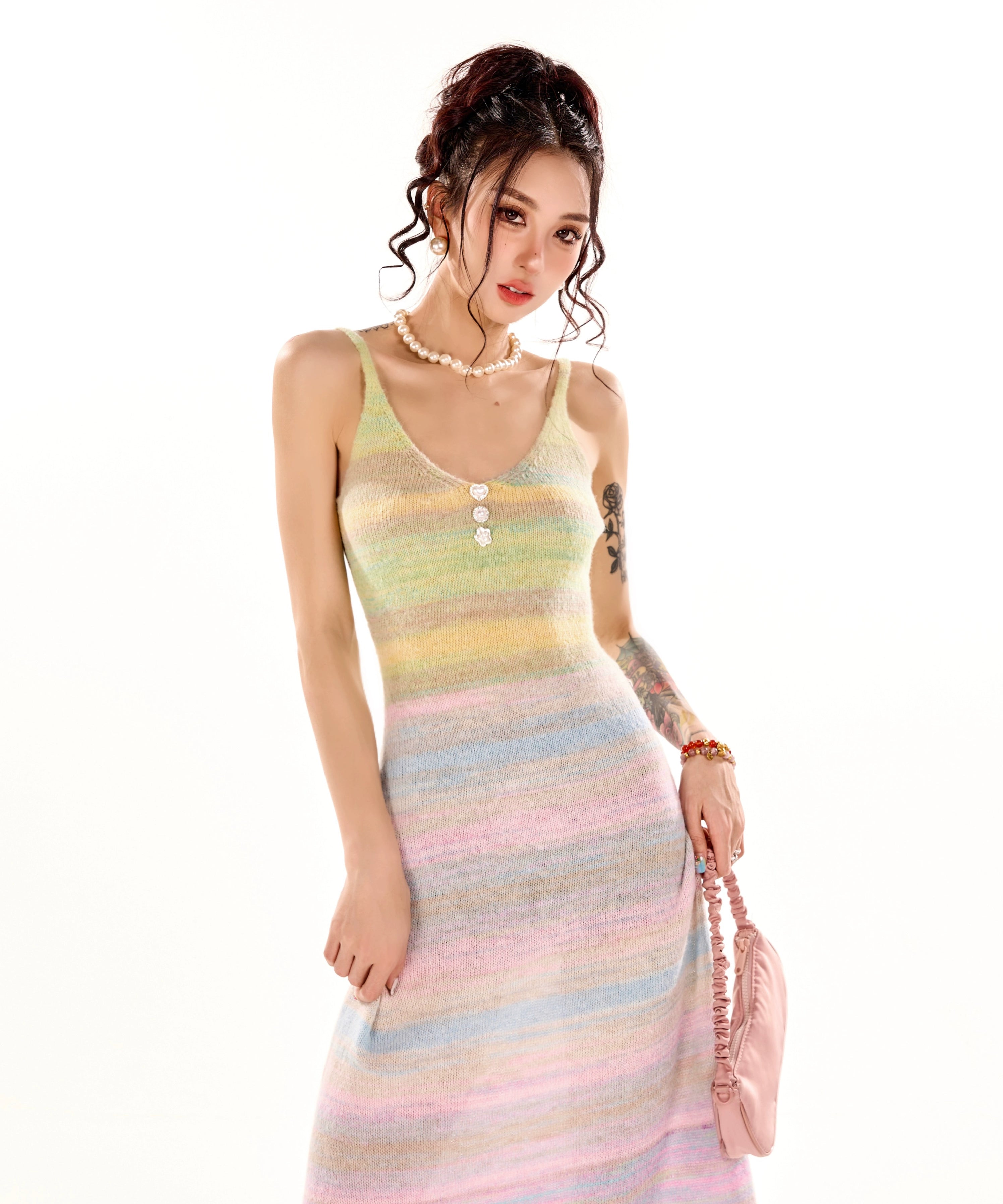 野生zerocircle彩虹v领吊带连衣裙女春夏设计感显瘦修身a字长裙子