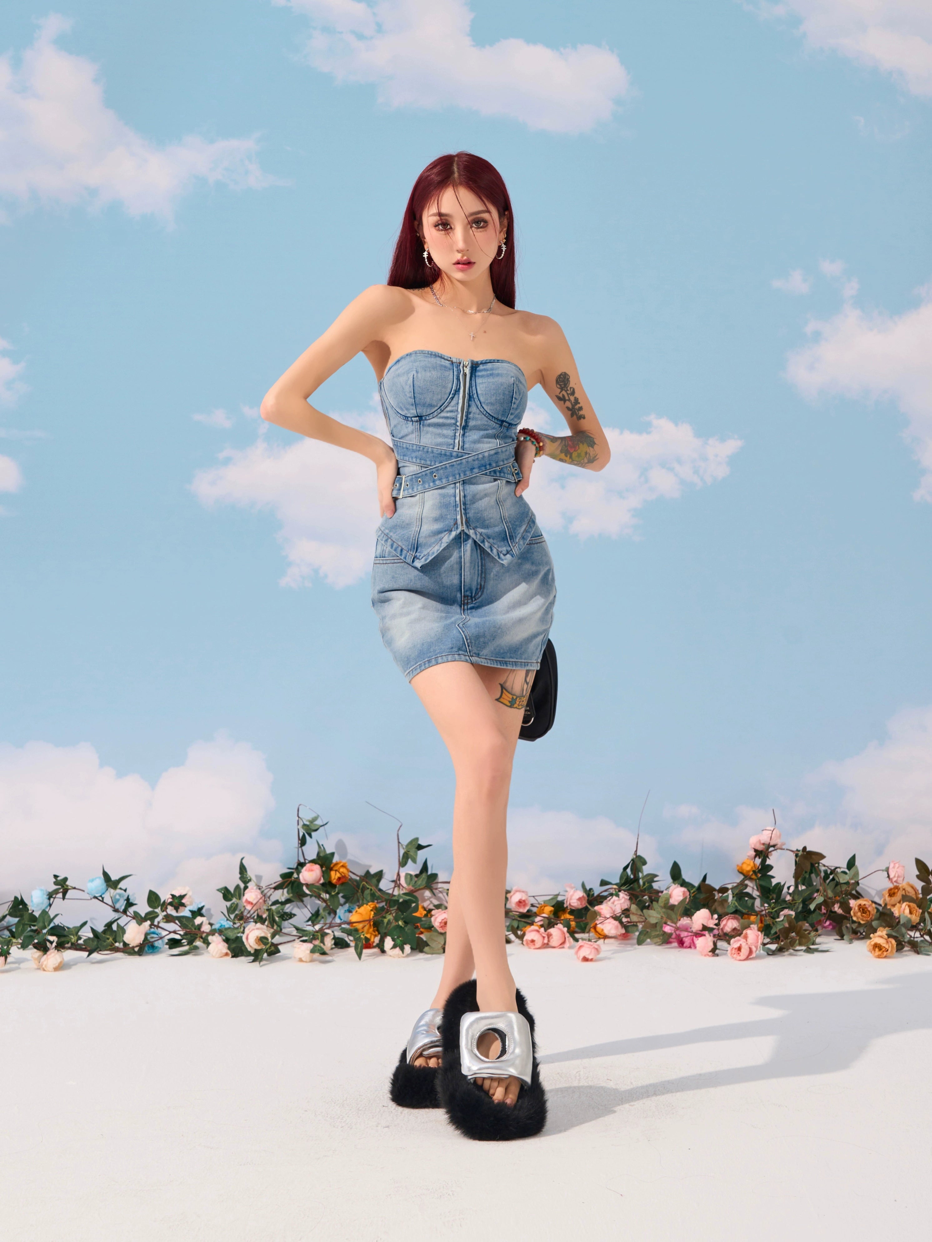 野生zerocircle 牛仔抹胸套装女夏abg辣妹高腰显瘦包臀半身短裙子