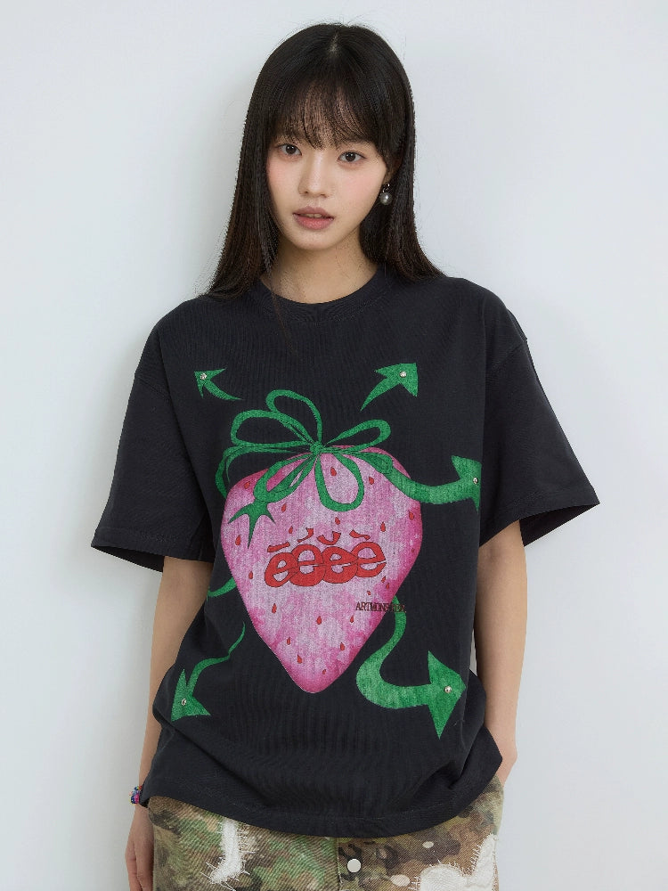 eeeeArtmonster “朋克草莓”手绘草莓短袖镶铆钉小众圆领T恤夏季