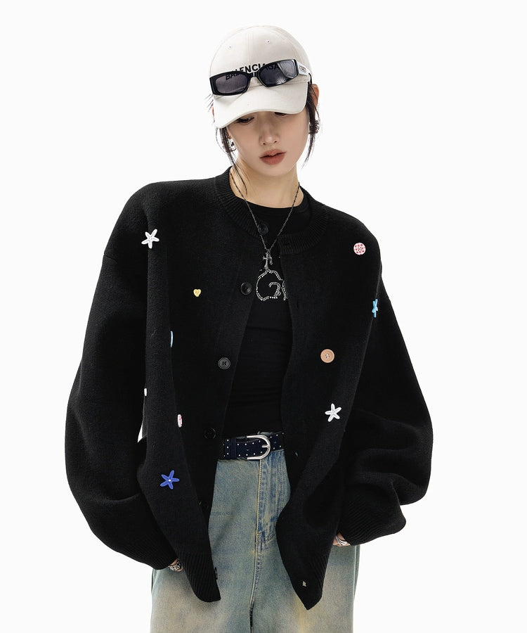 ICH MODE 美式复古海星纽扣针织开衫女秋冬季慵懒氛围感毛衣外套