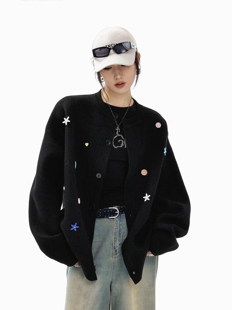 ICH MODE 美式复古海星纽扣针织开衫女秋冬季慵懒氛围感毛衣外套