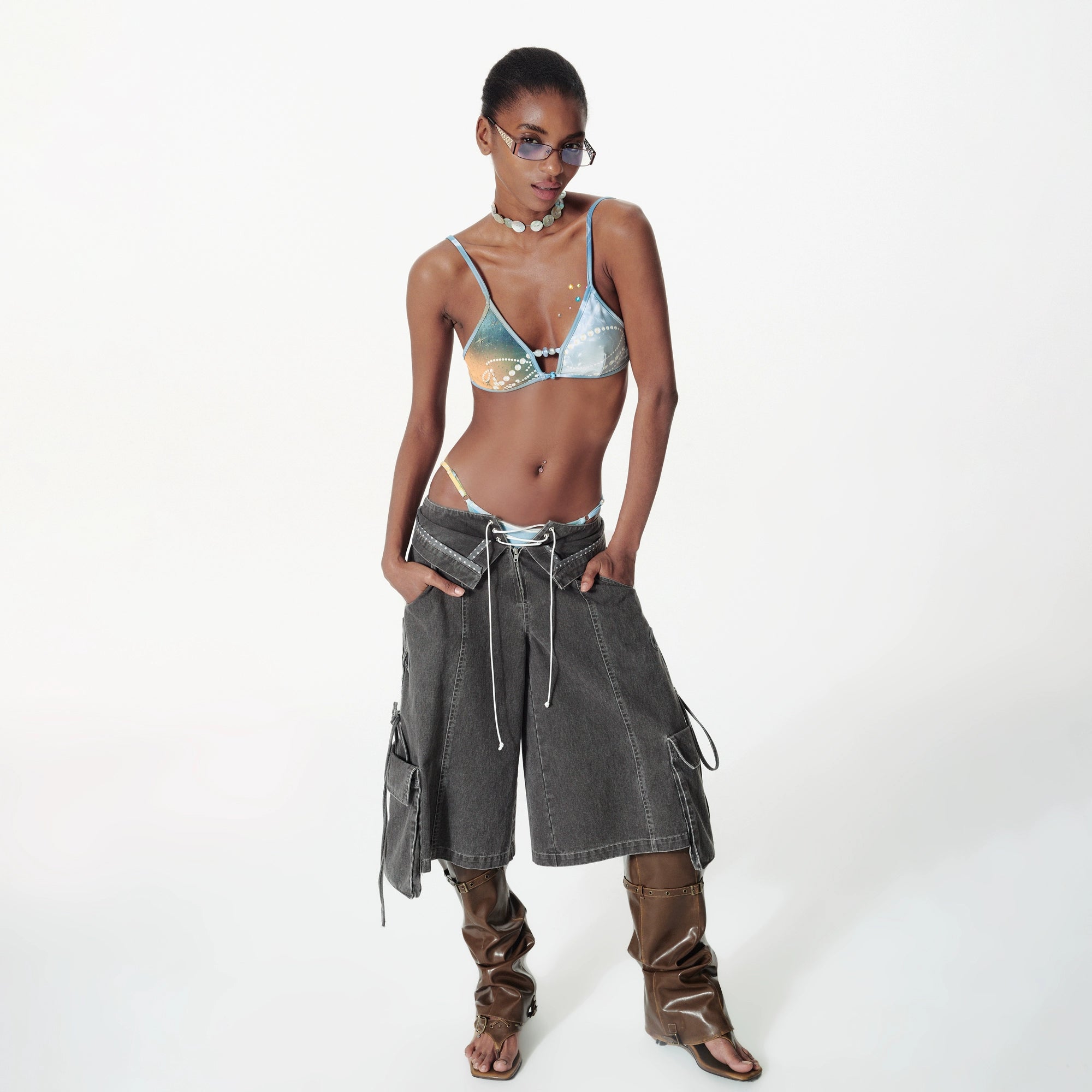 2th Desire海岛度假珍珠印花拼珠绑带撞色泳衣辣妹比基尼泳衣套装