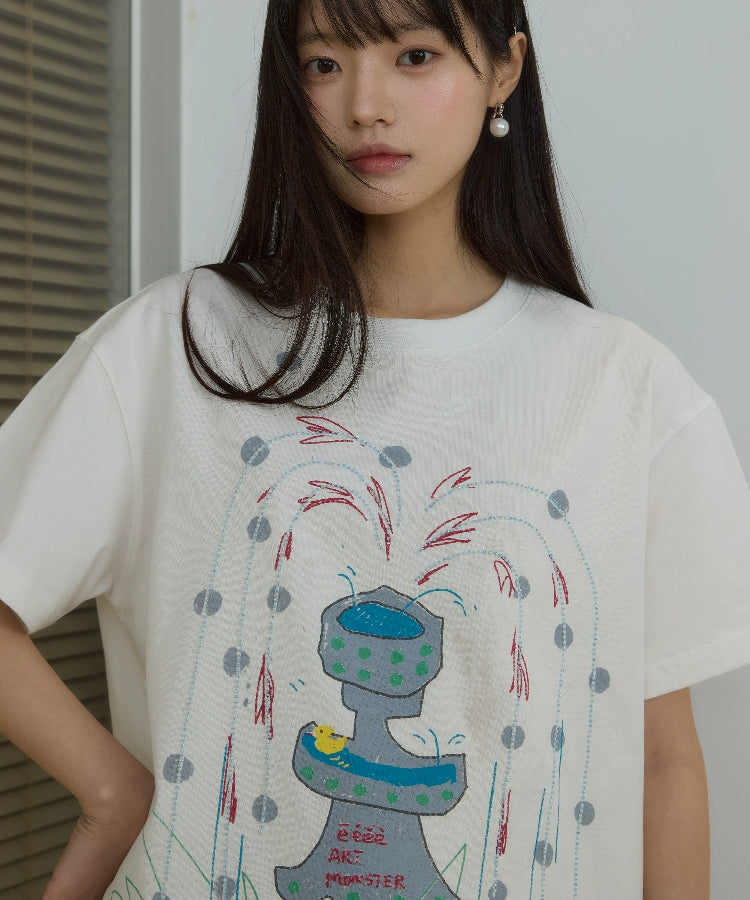 “闪光泉涌”| eeee小众设计感创意涂鸦喷泉短袖重工珠绣T恤夏季