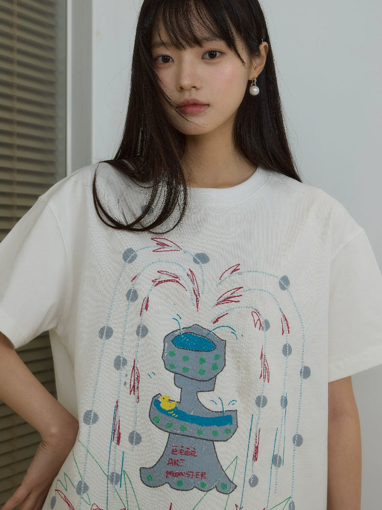 “闪光泉涌”| eeee小众设计感创意涂鸦喷泉短袖重工珠绣T恤夏季