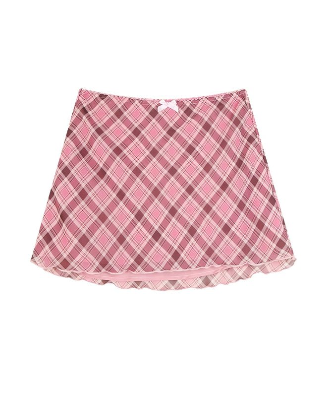 野生zero 粉色雪纺格子半身裙女春夏设计感高腰辣妹显瘦a字短裙子