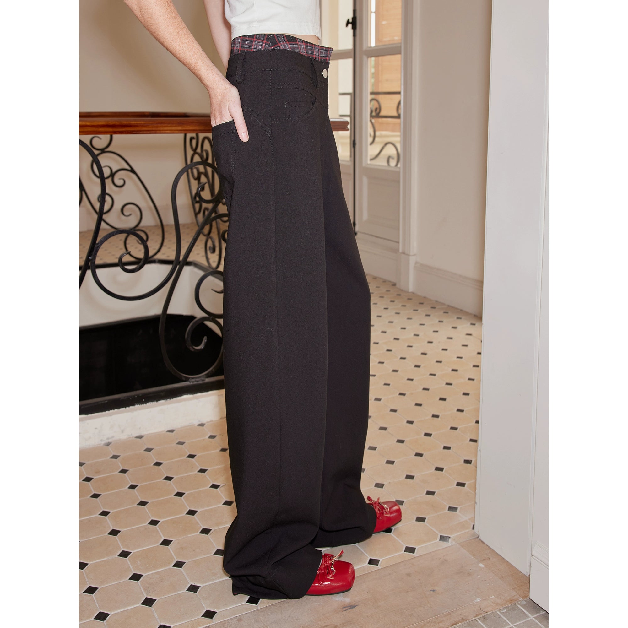 2th Desire复古格纹朋克拼接感撞色弯刀西裤女秋冬可拆卸罩裙裙裤