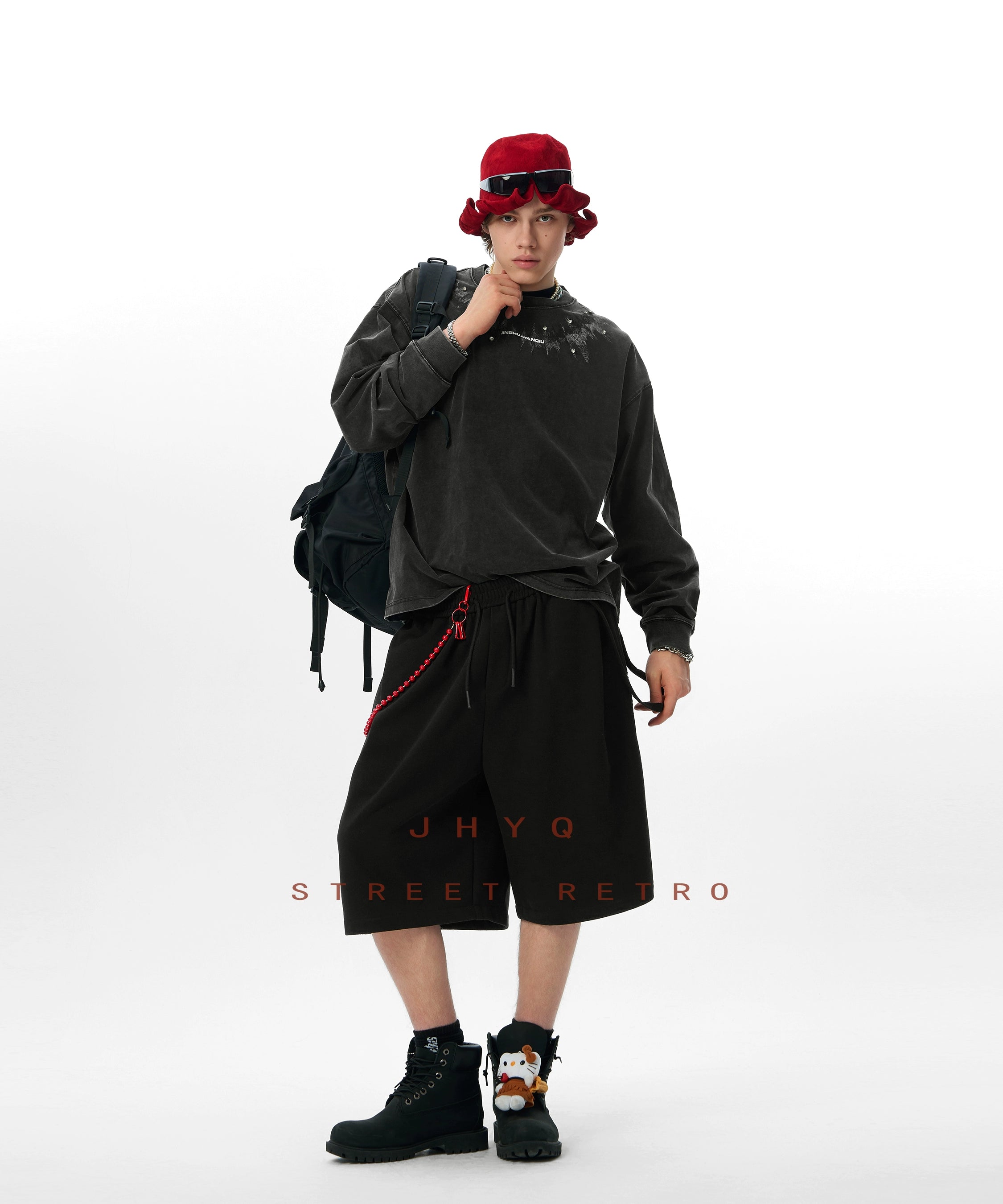 脉冲波丨JHYQ美式复古印花水洗重磅320g长袖T恤男宽松镶钻卫衣衫