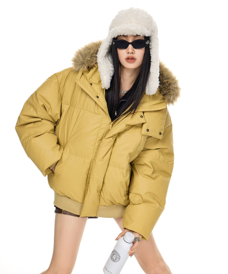 ICH MODE 90白鸭绒美式复古毛领连帽羽绒服女秋冬季保暖防寒外套