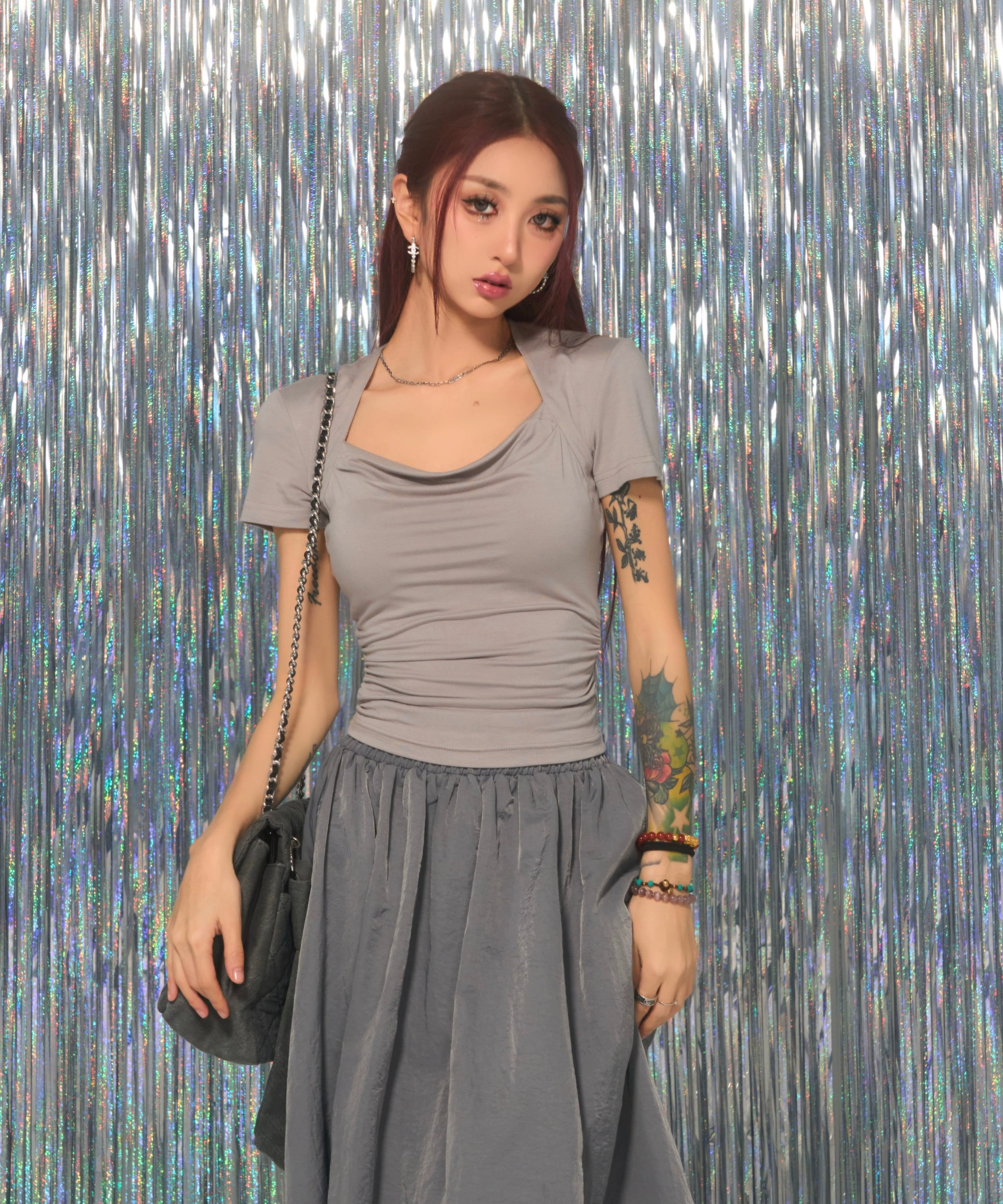 野生zerocircle 黑灰色方领正肩短袖t恤女夏辣妹修身显瘦短款上衣