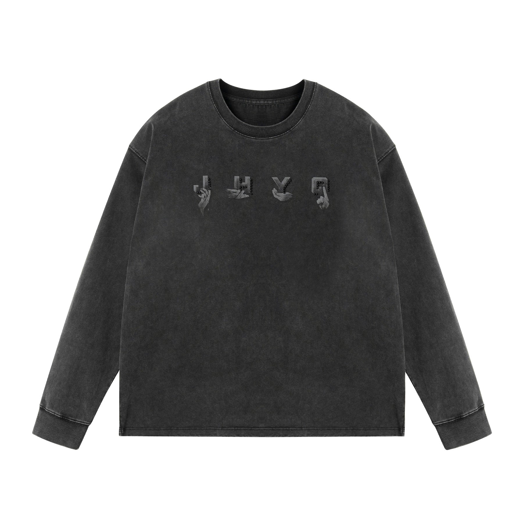 【创意手势】JHYQ美式320g复古水洗钉珠长袖T恤男宽松休闲卫衣男