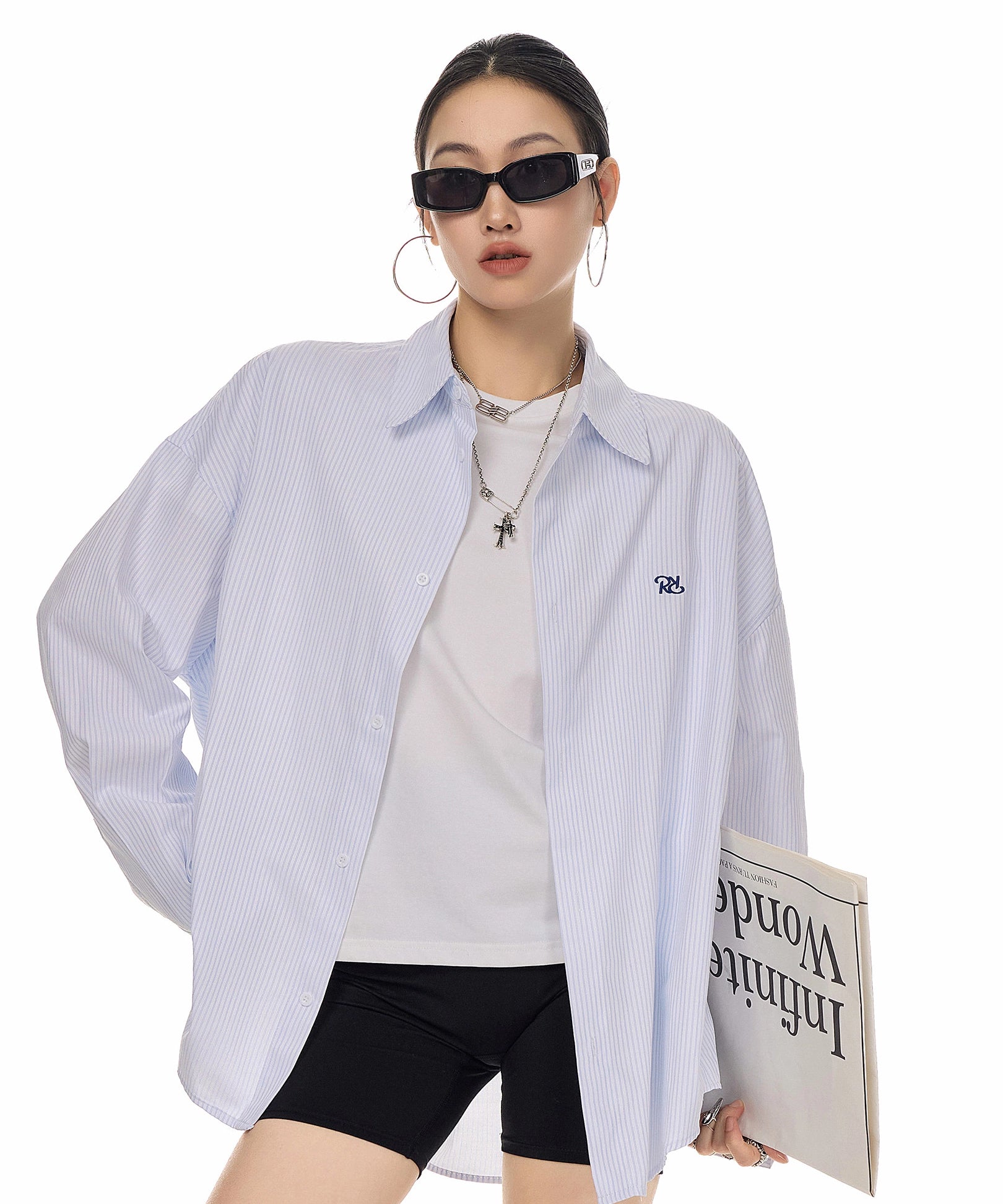 ICH MODE 美式复古条纹蓝色长袖衬衫女秋冬宽松百搭休闲衬衣外套