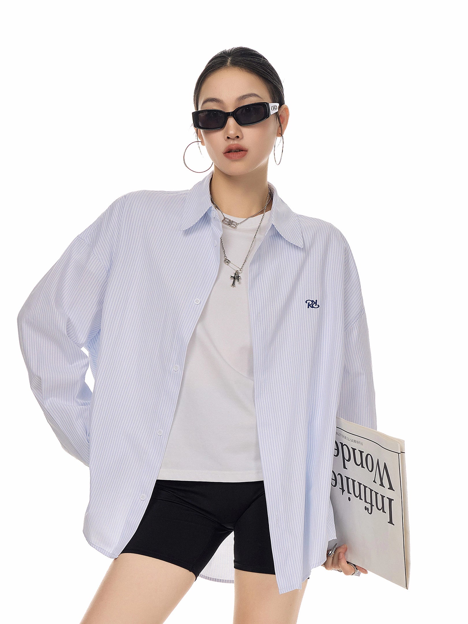 ICH MODE 美式复古条纹蓝色长袖衬衫女秋冬宽松百搭休闲衬衣外套