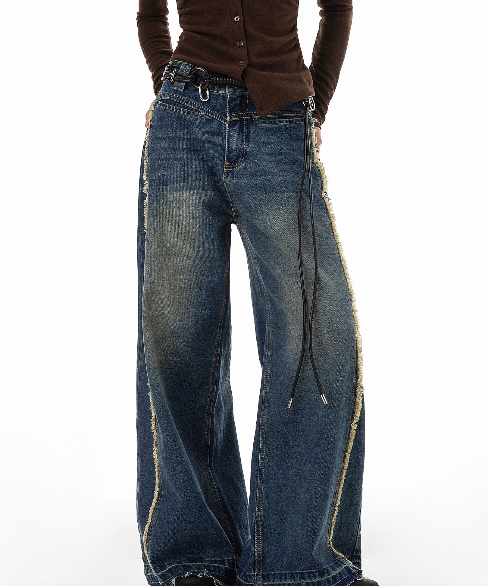 ICH MODE 美式复古做旧解构牛仔裤女宽松直筒裤运动裤休闲阔腿裤