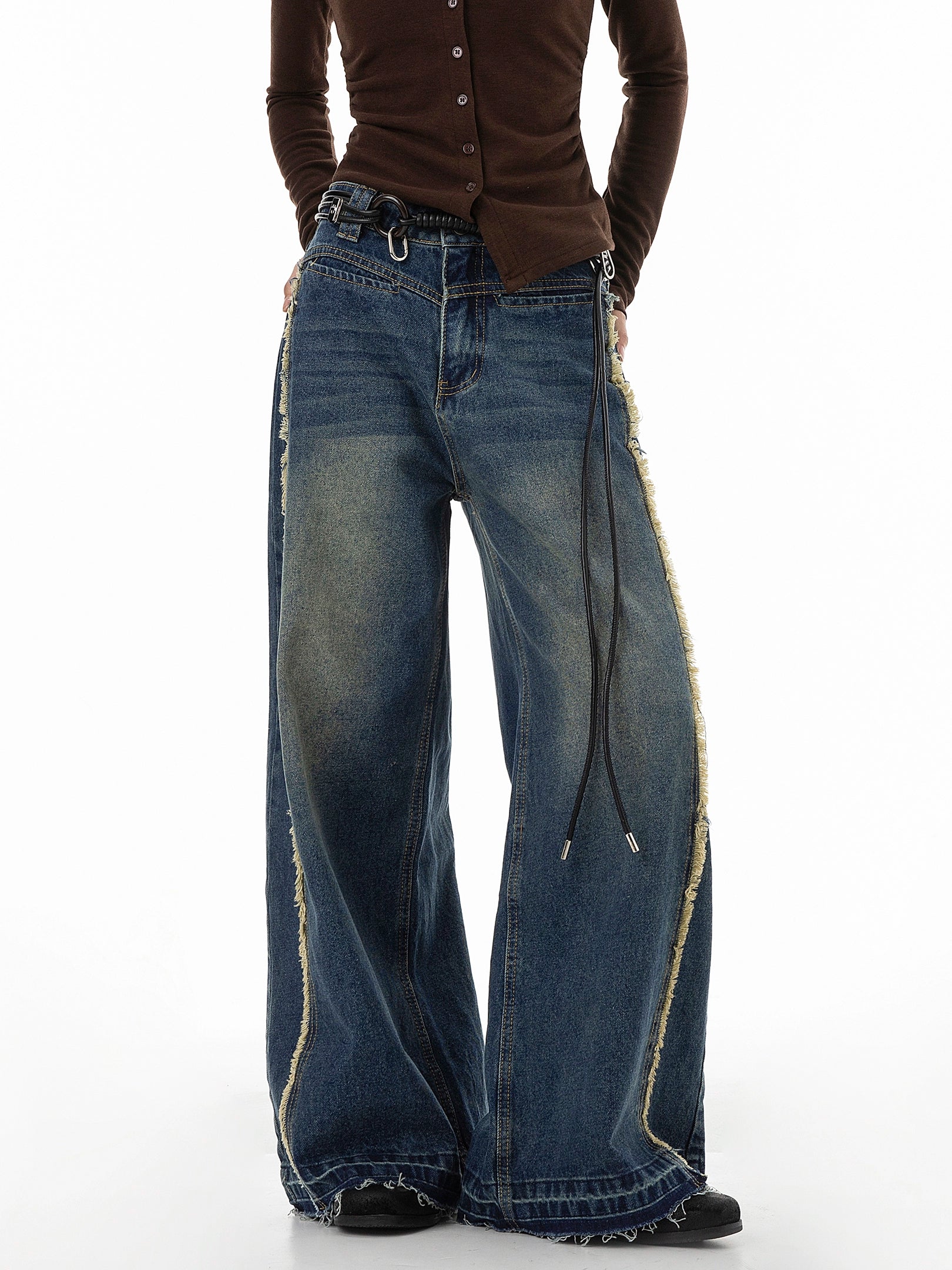 ICH MODE 美式复古做旧解构牛仔裤女宽松直筒裤运动裤休闲阔腿裤