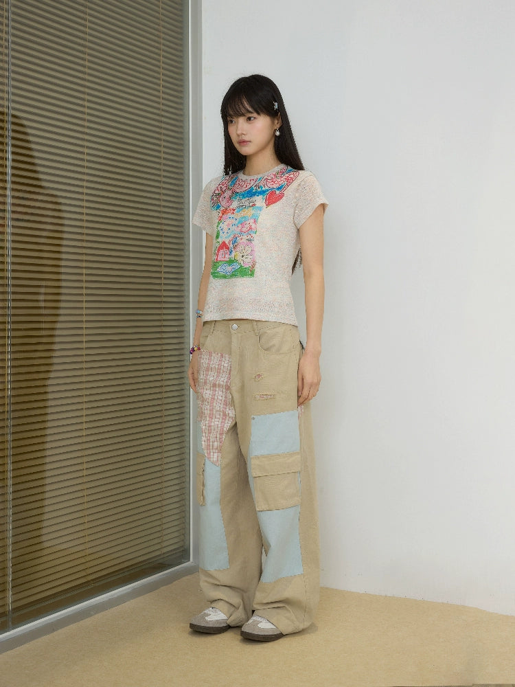 “过肩龙”| eeee原创涂鸦彩纱短袖修身少女感温柔风辣妹T恤夏季