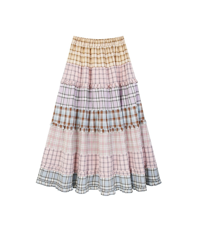 野生zero 彩虹格子长裙女秋季宽松显瘦设计感小众拼接a字海边裙子