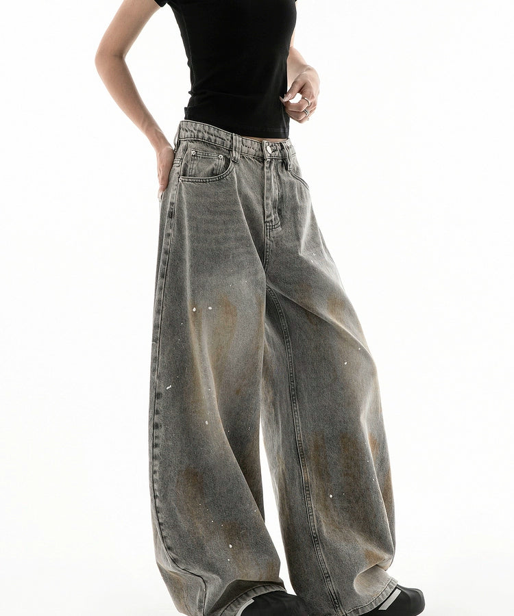 ICH MODE 美式复古做旧牛仔裤女夏季宽松直筒裤休闲阔腿弯刀裤子