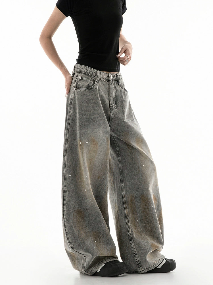 ICH MODE 美式复古做旧牛仔裤女夏季宽松直筒裤休闲阔腿弯刀裤子