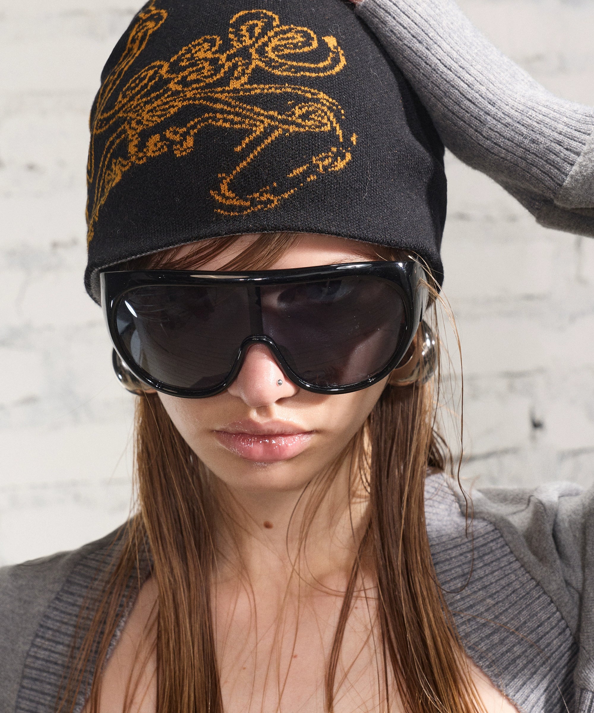 2th Desire设计感撞色印花双面戴针织毛线帽冬季保暖包头帽冷帽