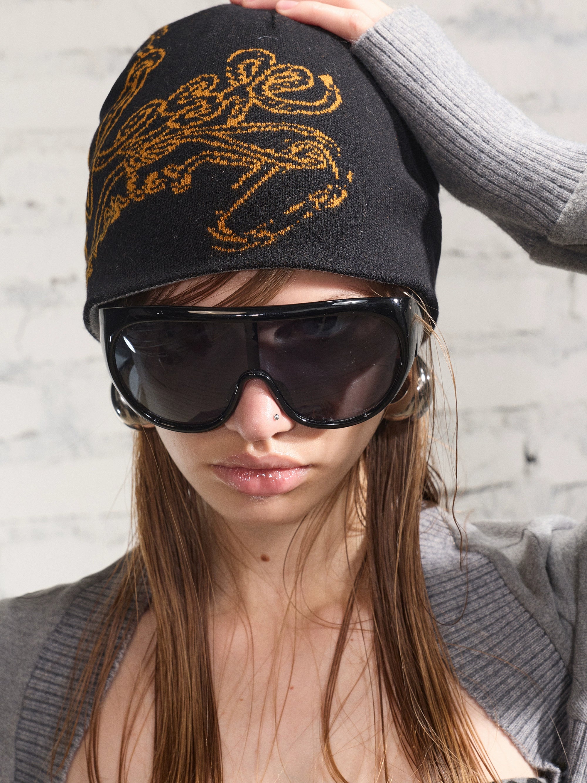 2th Desire设计感撞色印花双面戴针织毛线帽冬季保暖包头帽冷帽