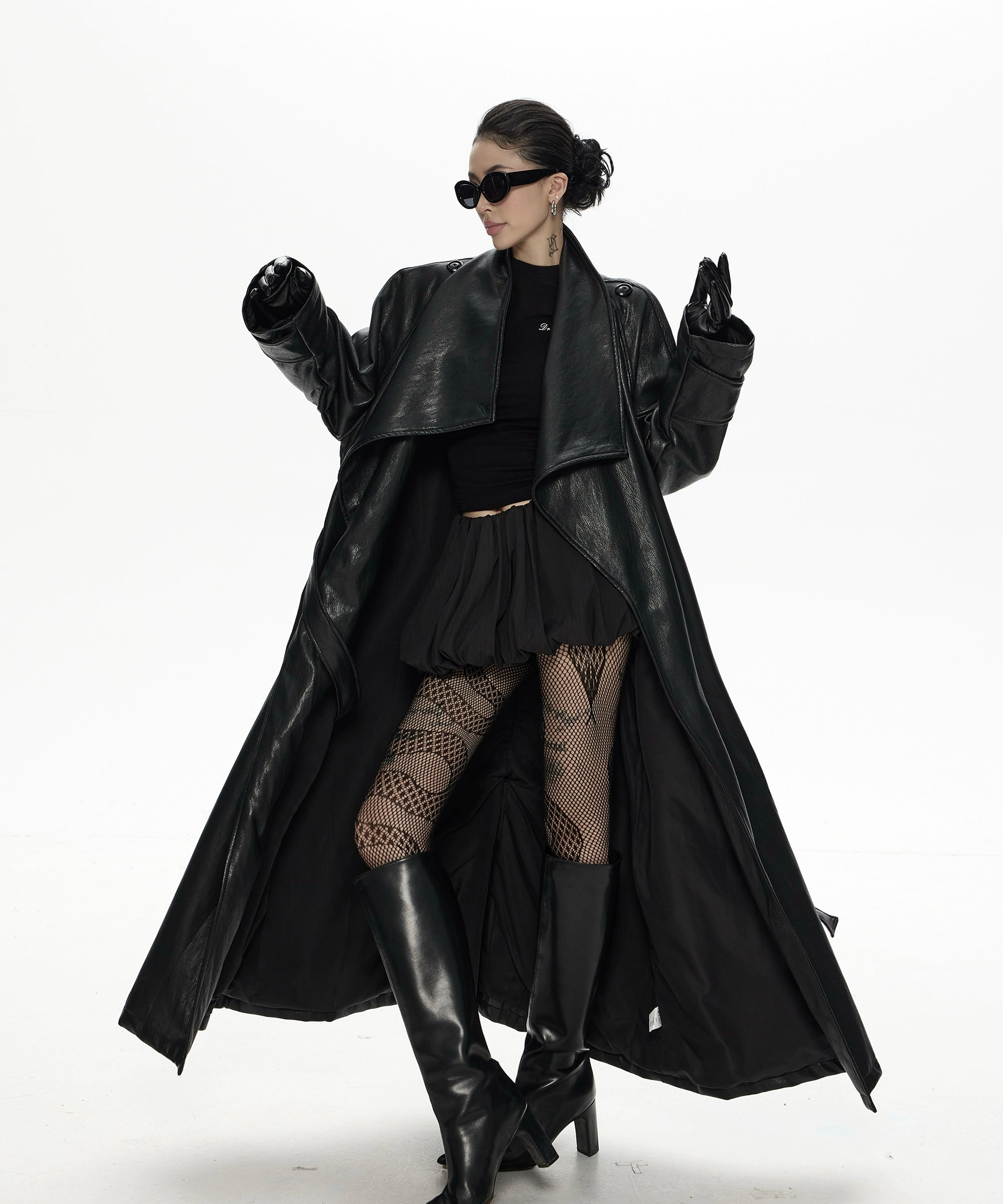 野生zero 翻领长款pu皮衣女秋冬2025新款酷飒风宽松大衣风衣外套