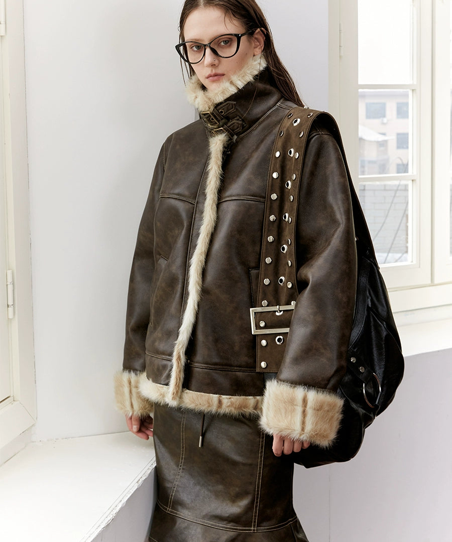 2th Desire美式复古皮毛一体短外套女皮夹克上衣秋冬机车棕色外套