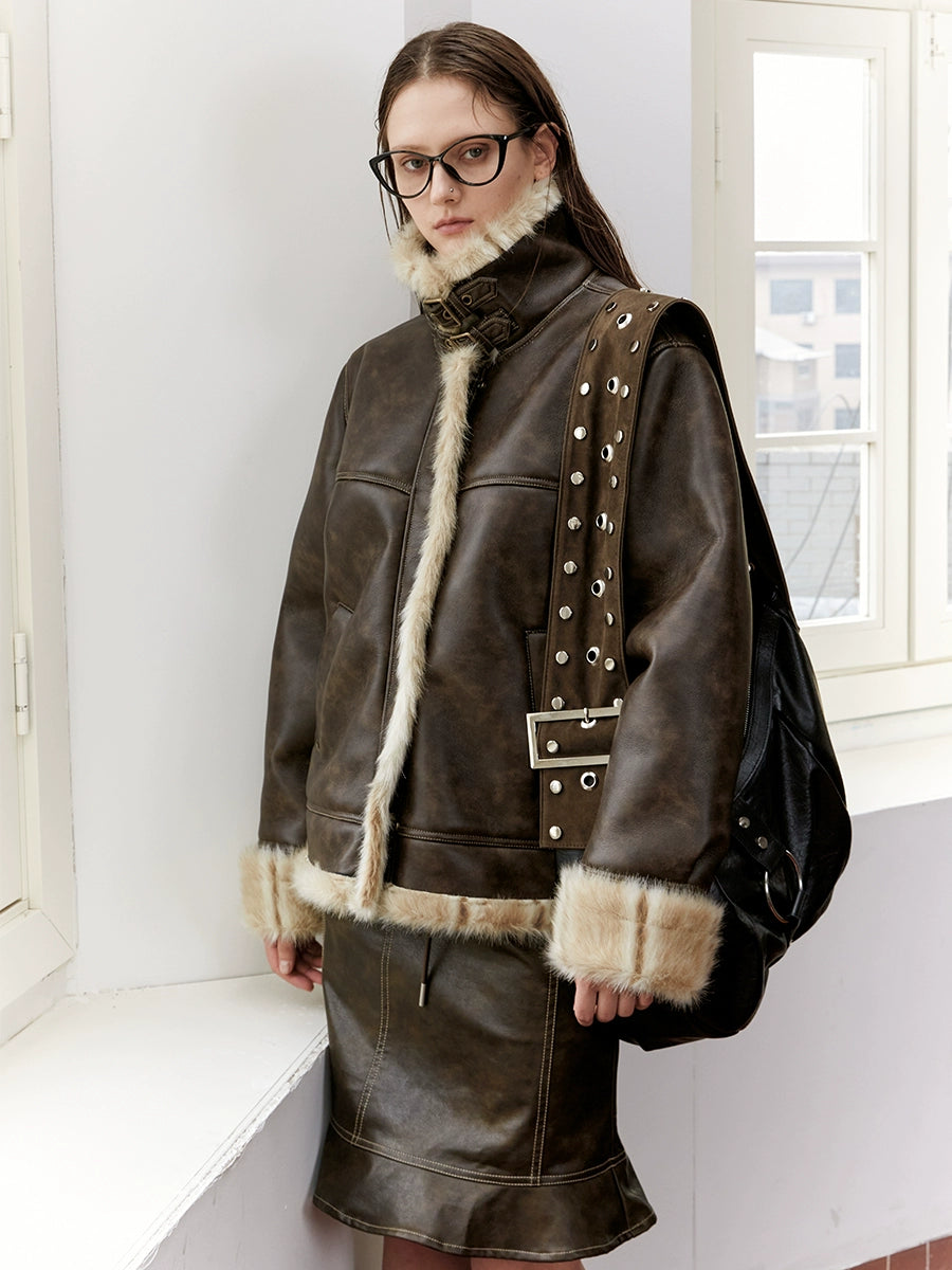 2th Desire美式复古皮毛一体短外套女皮夹克上衣秋冬机车棕色外套