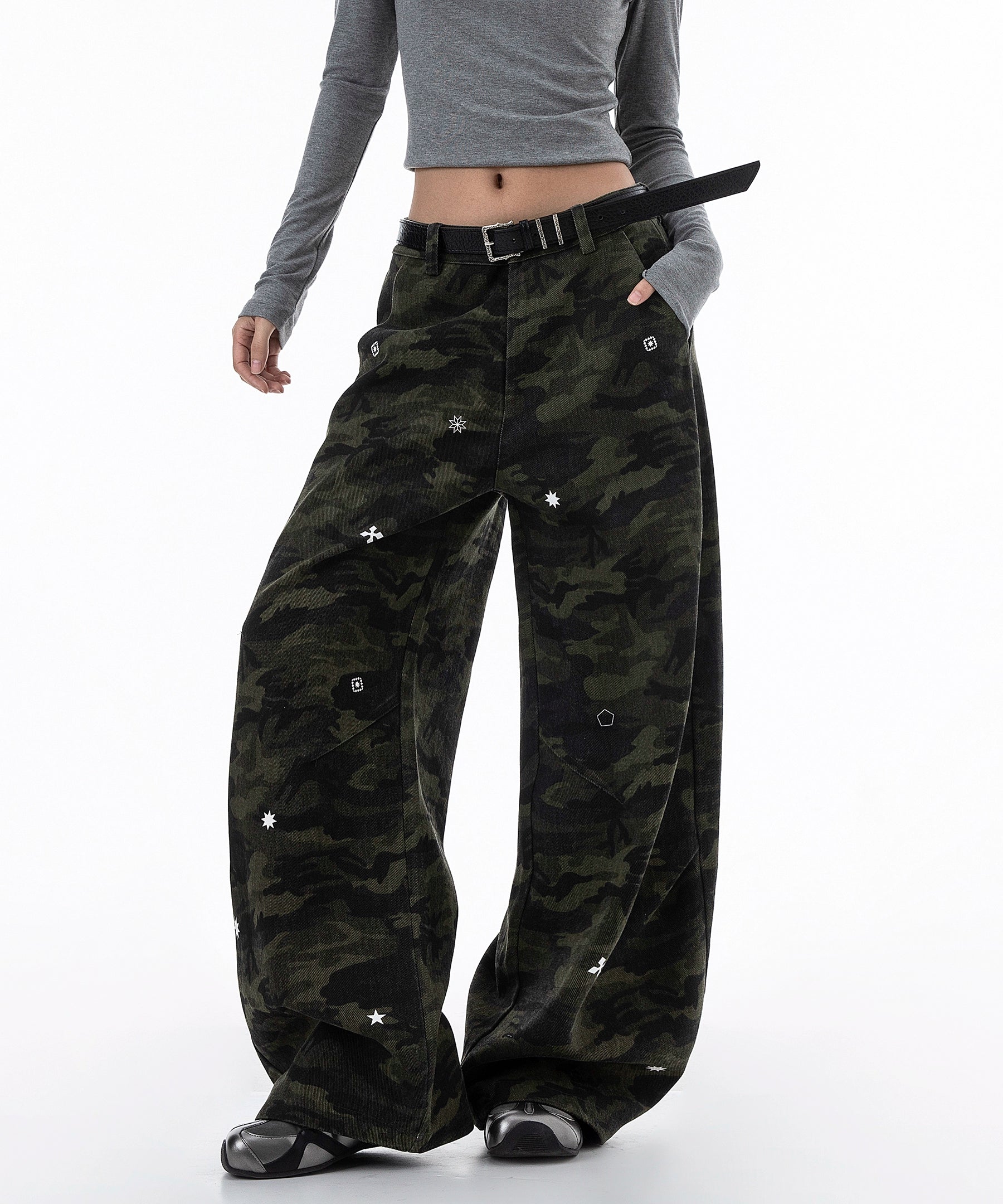 ICH MODE 美式复古星星休闲裤女宽松工装裤迷彩裤直筒阔腿运动裤