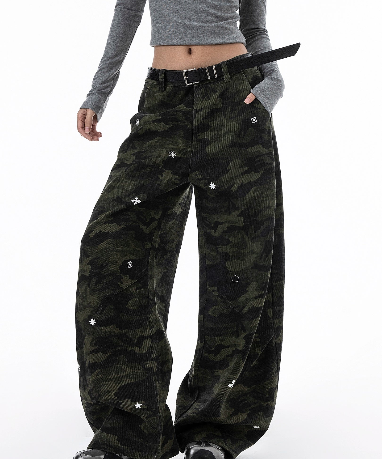 ICH MODE 美式复古星星休闲裤女宽松工装裤迷彩裤直筒阔腿运动裤