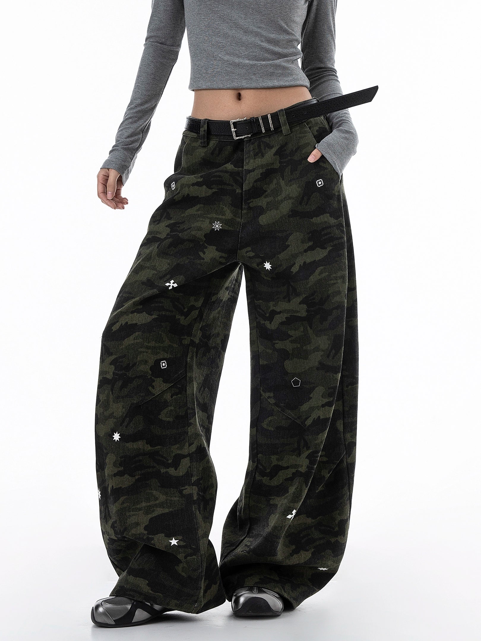 ICH MODE 美式复古星星休闲裤女宽松工装裤迷彩裤直筒阔腿运动裤