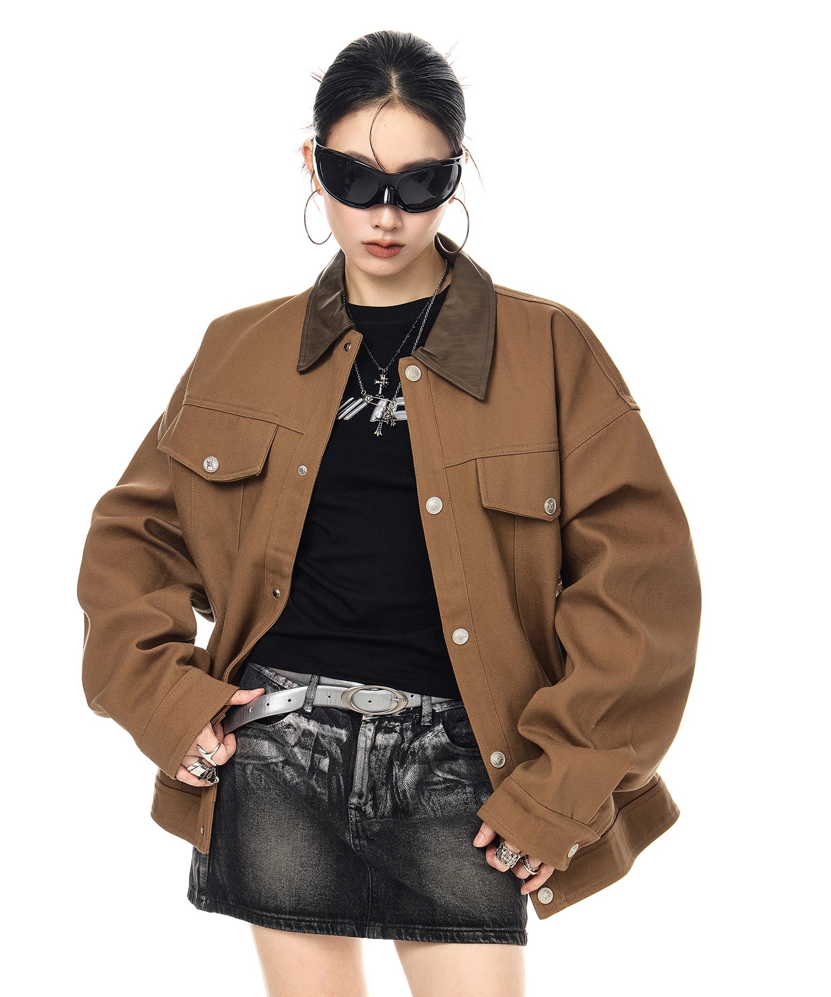 ICH MODE 美式复古撞色翻领外套女2025新款秋冬季巴恩风夹克上衣