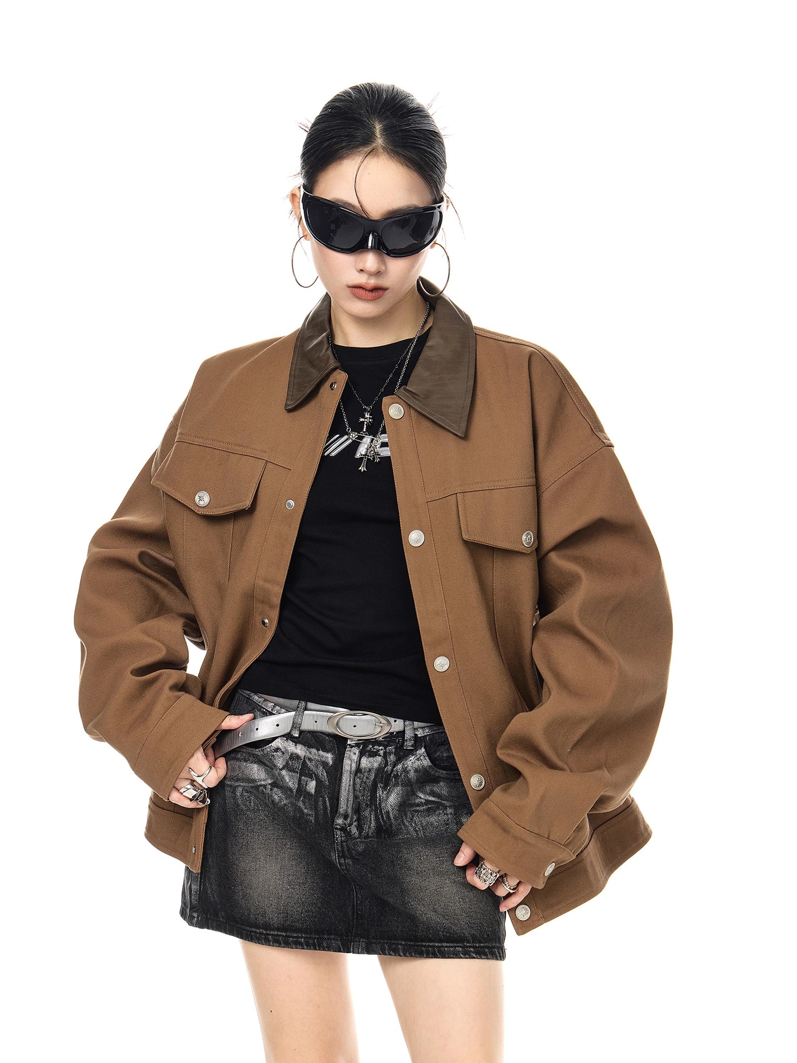 ICH MODE 美式复古撞色翻领外套女2025新款秋冬季巴恩风夹克上衣