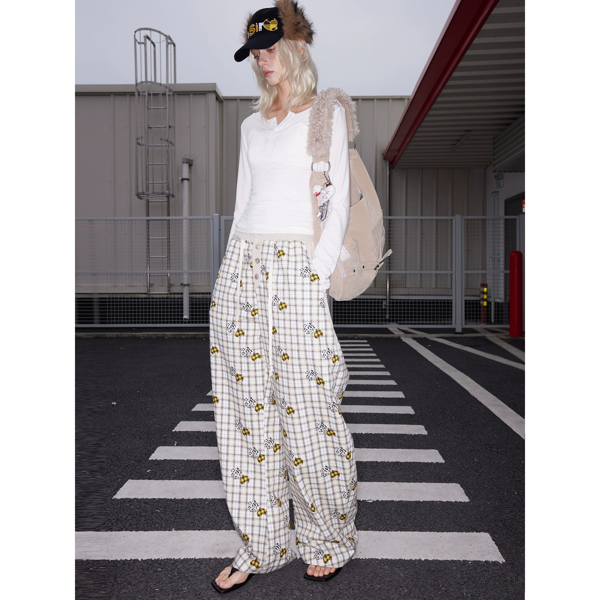 2th Desire莱赛尔定织原创恶魔爱心小狗爪印格纹串珠休闲香蕉裤女